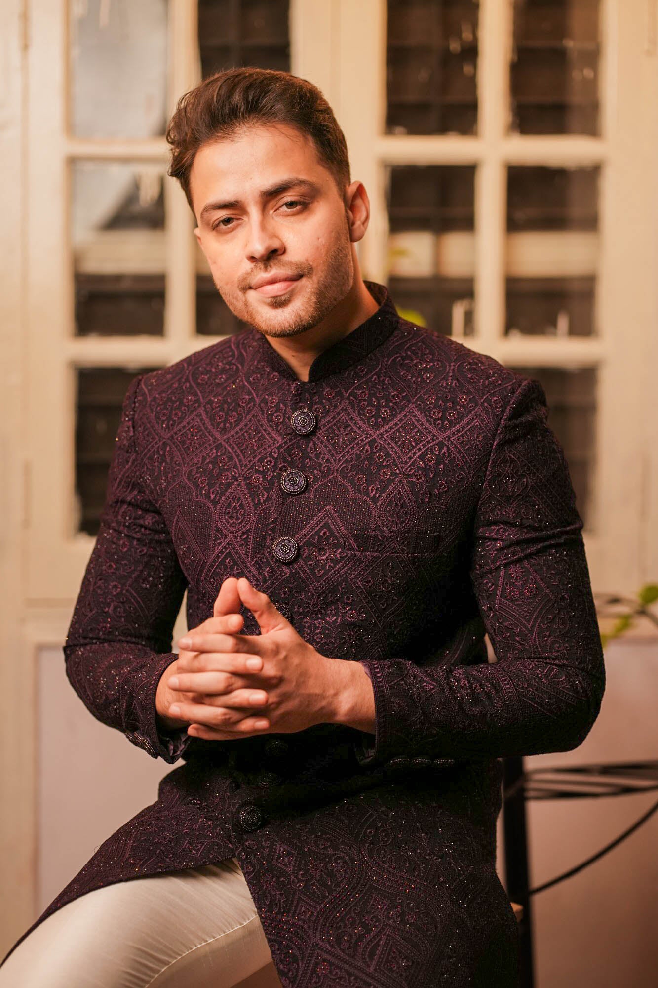 Wine Purple Heavy Embroidered Nawabi Set