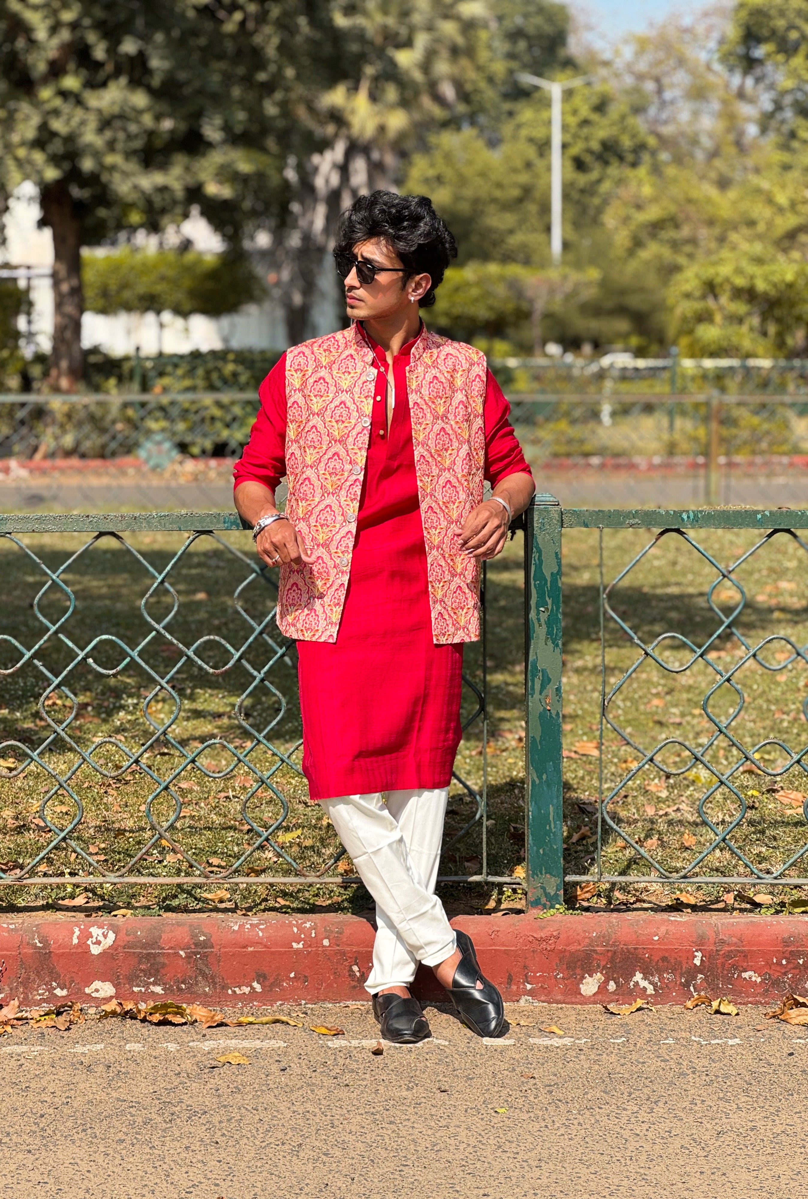 Red Position Print Nehru Jacket Set