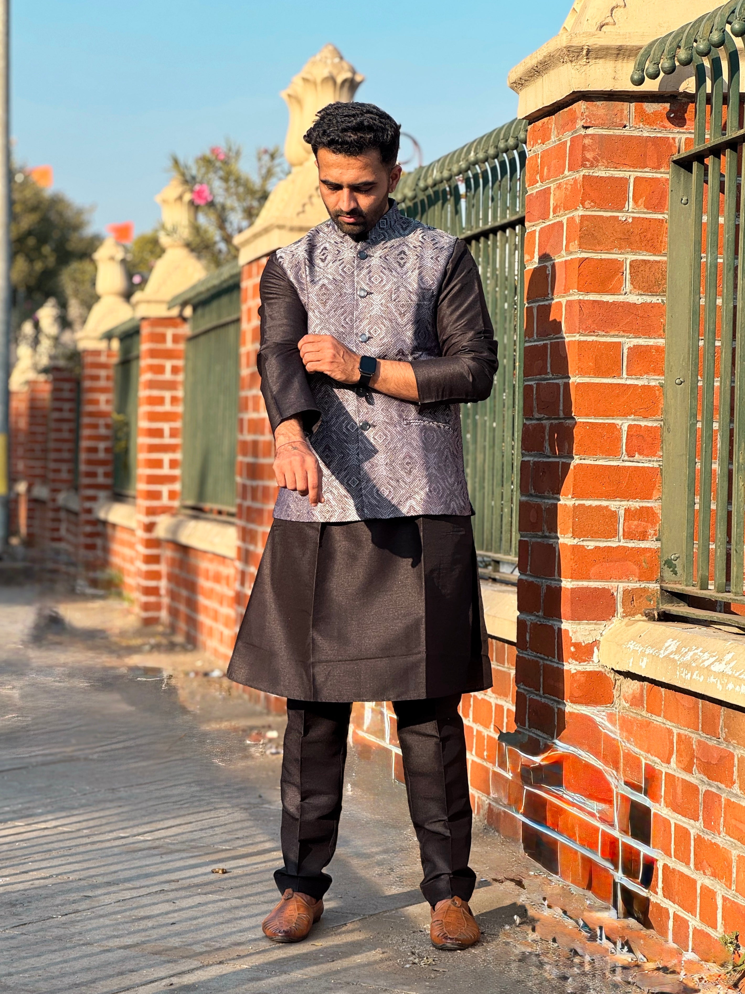 Black Jaquard Nehru Jacket Set