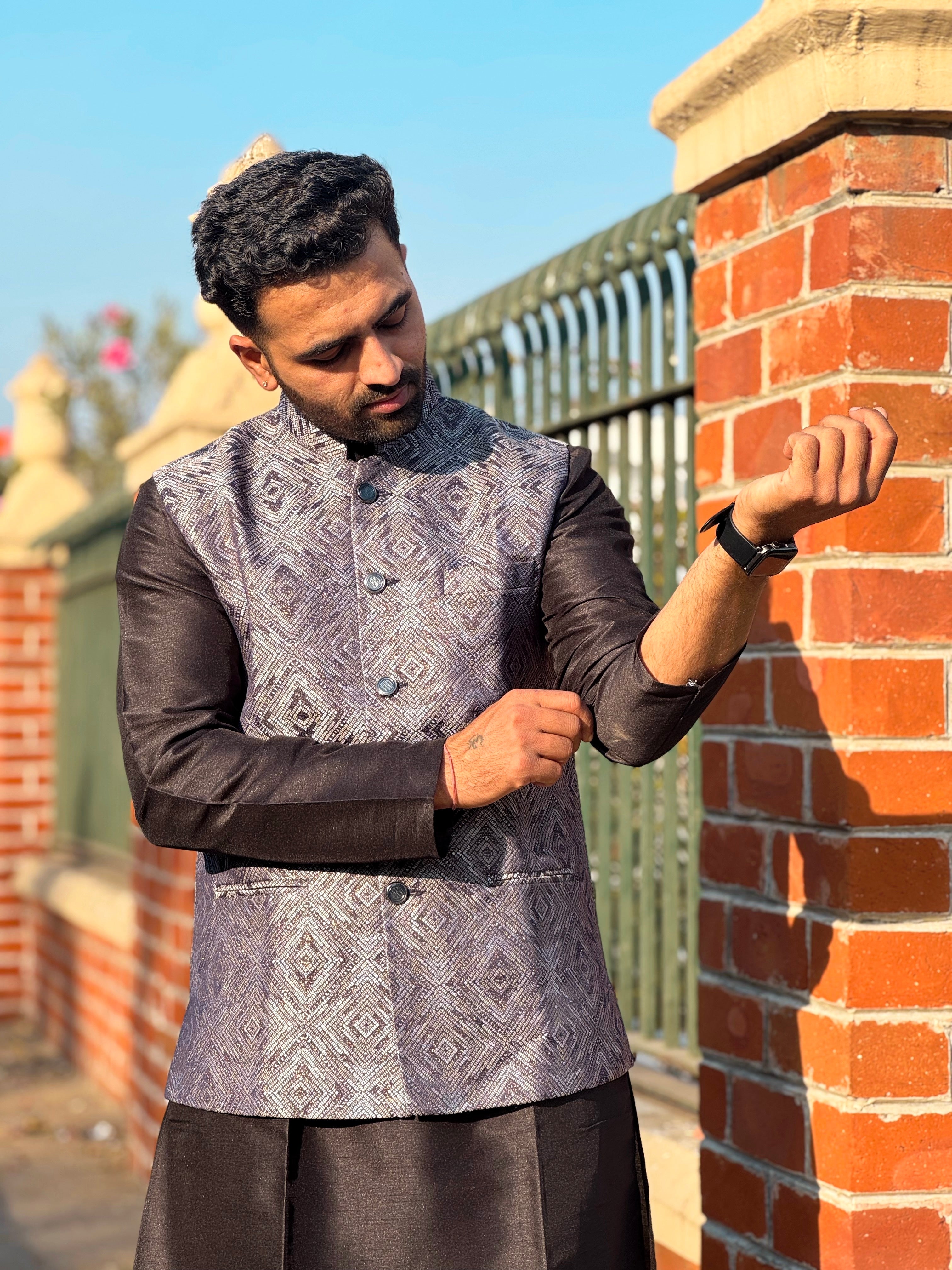 Black Jaquard Nehru Jacket Set