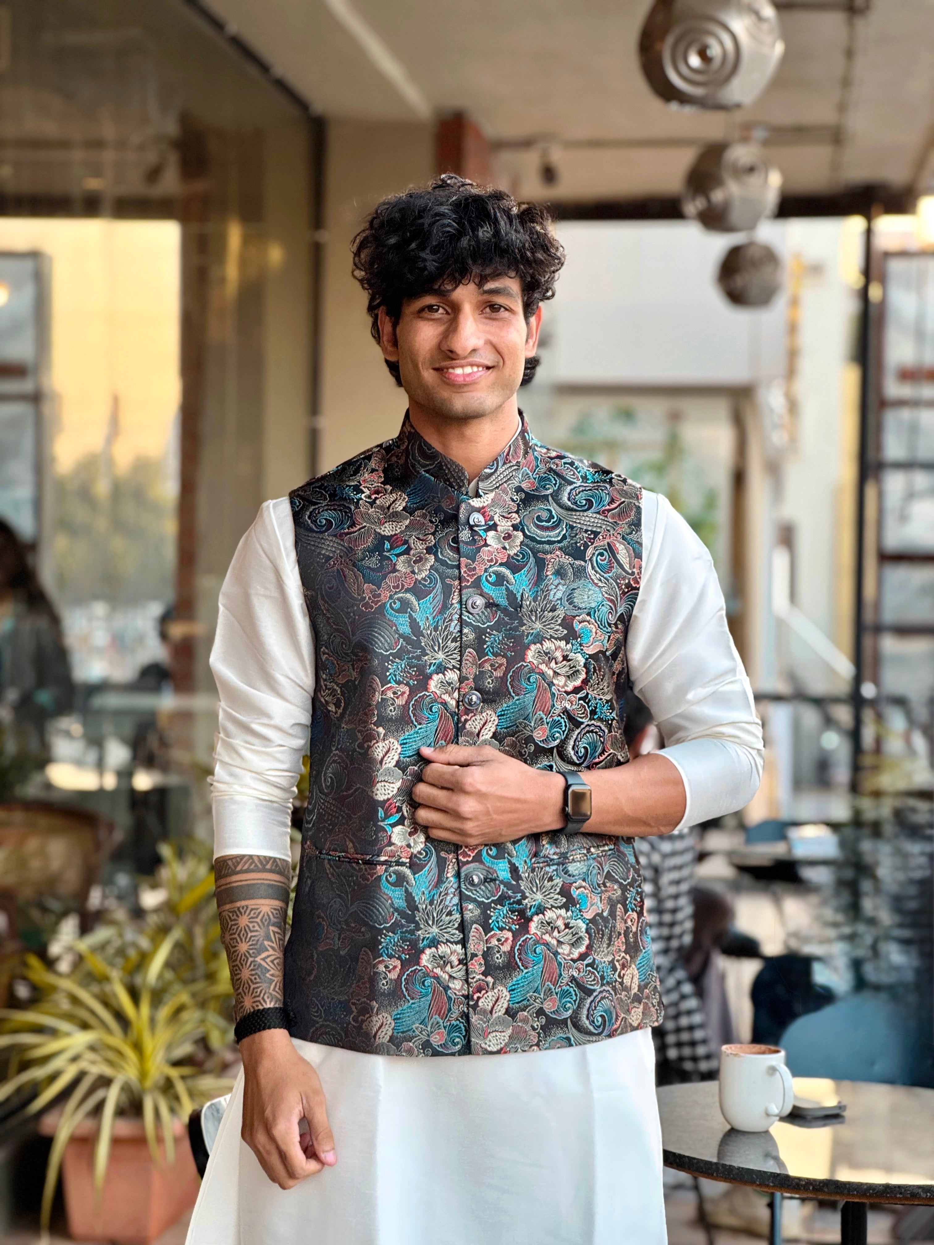 Black Jaquard Nehru Jacket Set