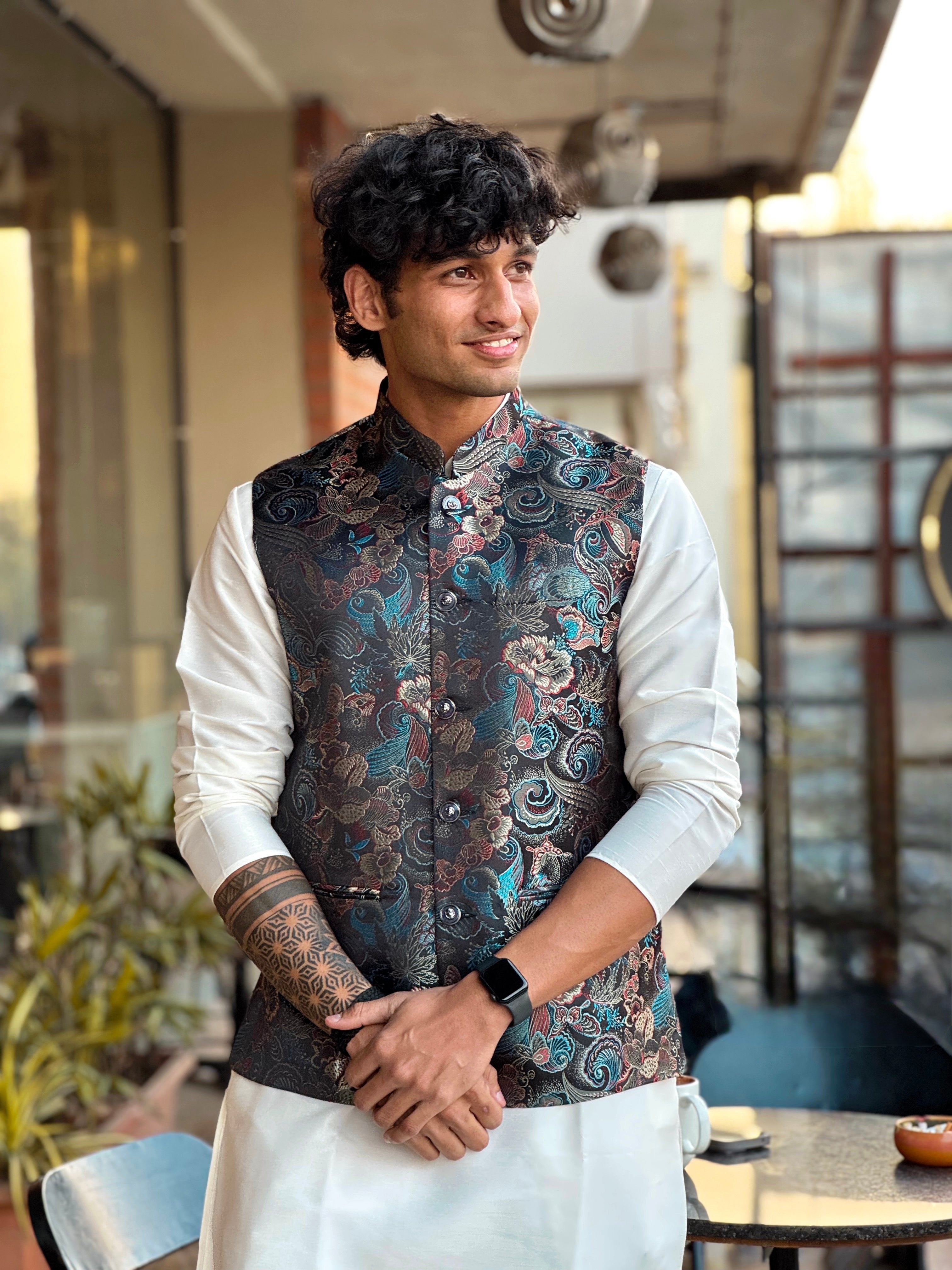 Black Jaquard Nehru Jacket Set