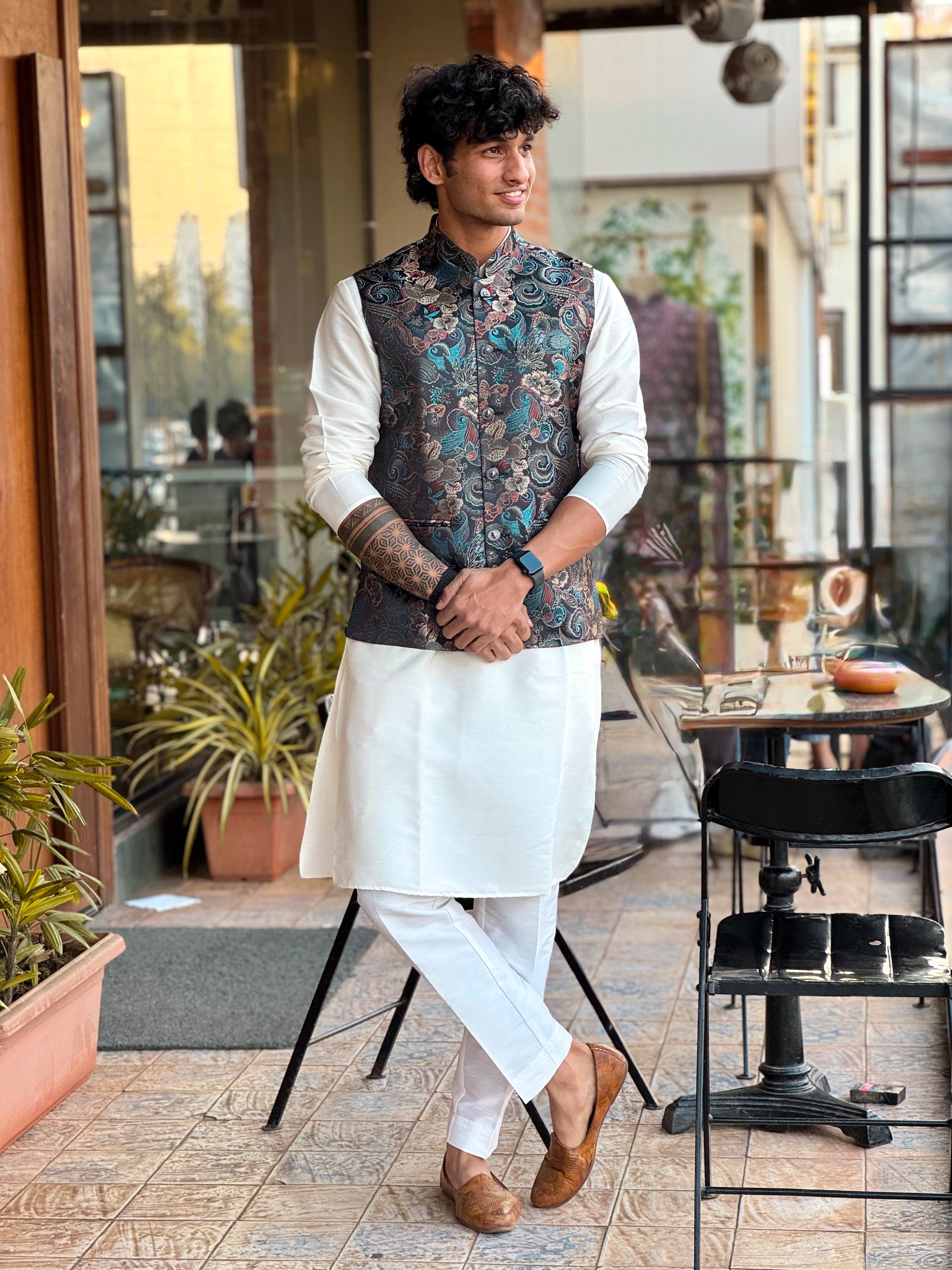 Black Jaquard Nehru Jacket Set