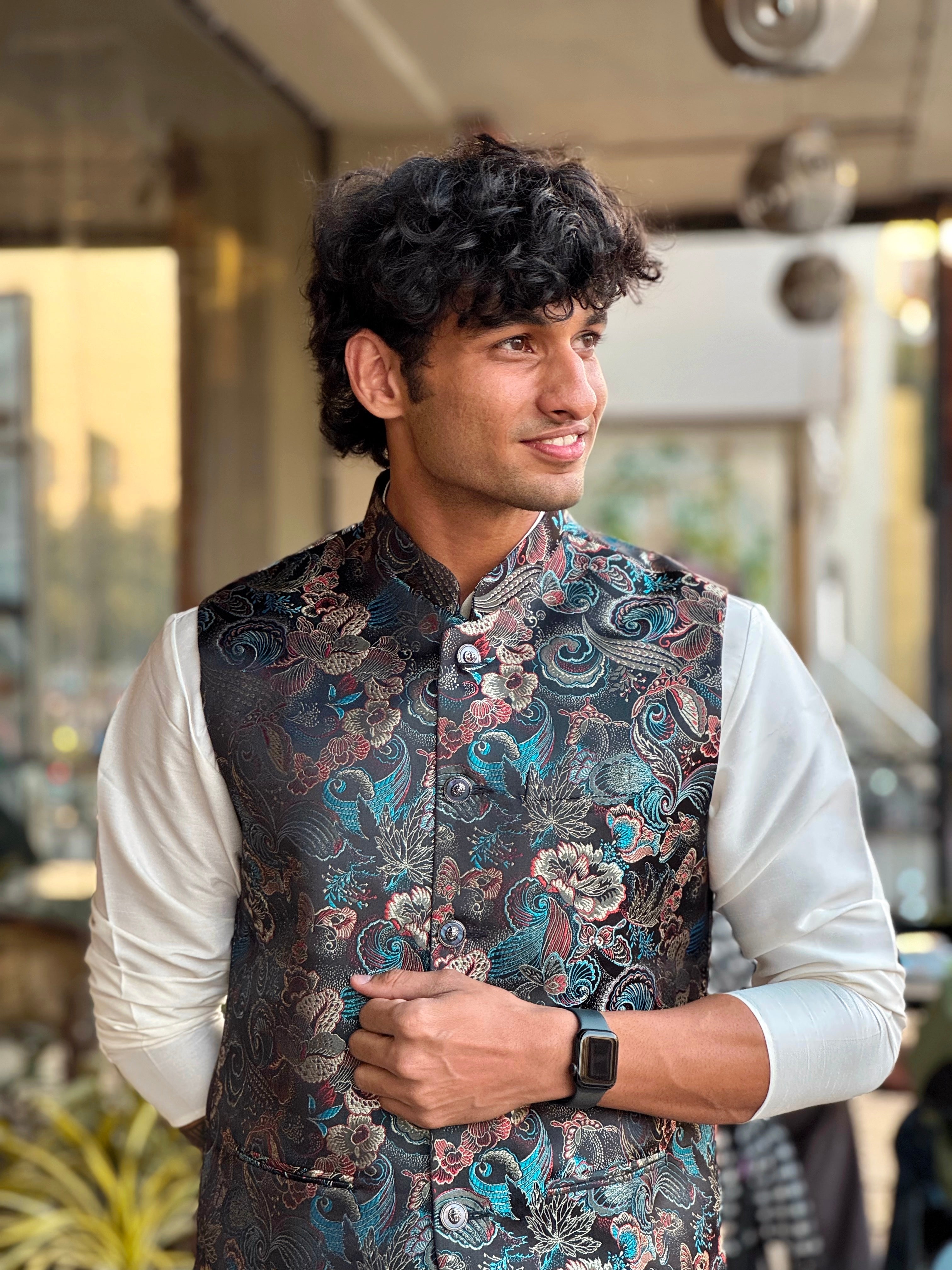 Black Jaquard Nehru Jacket Set
