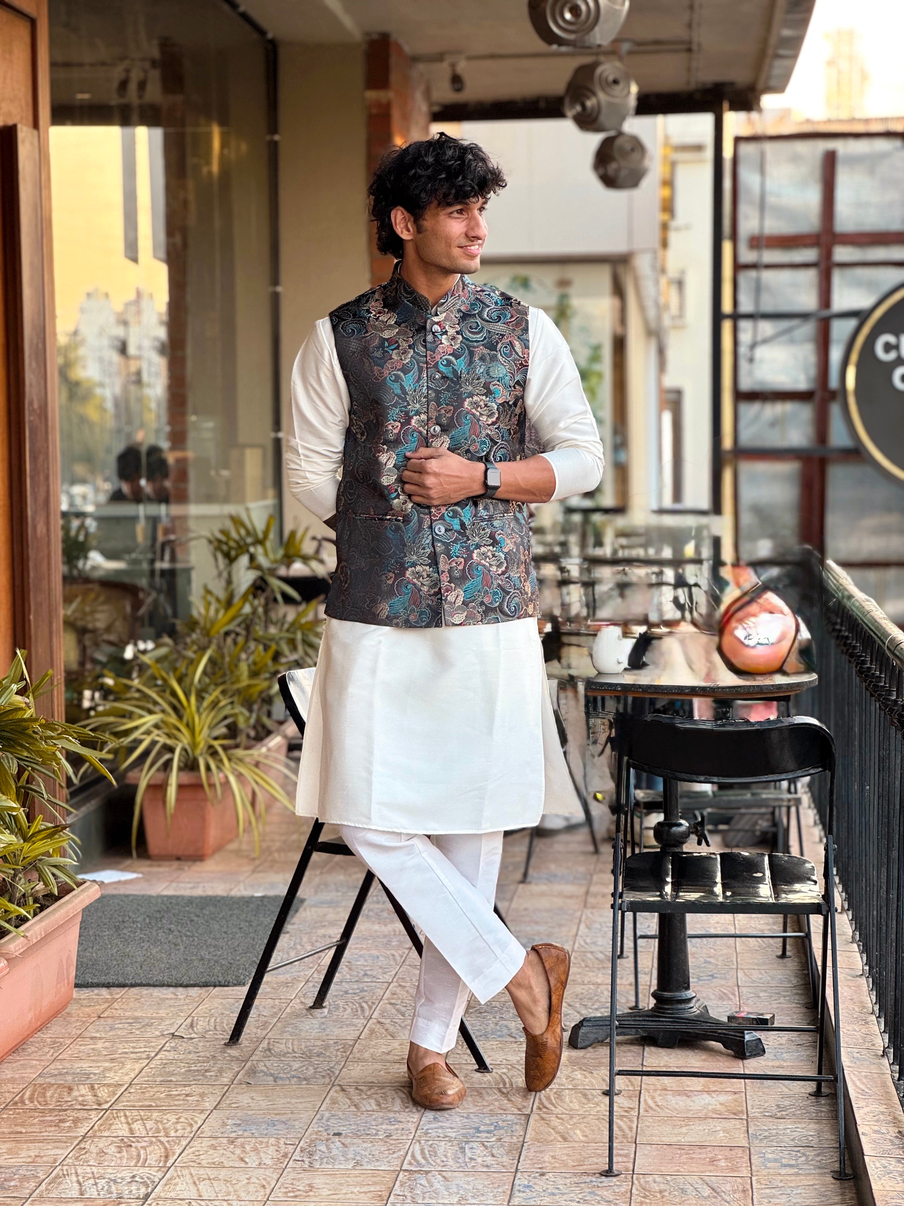 Black Jaquard Nehru Jacket Set