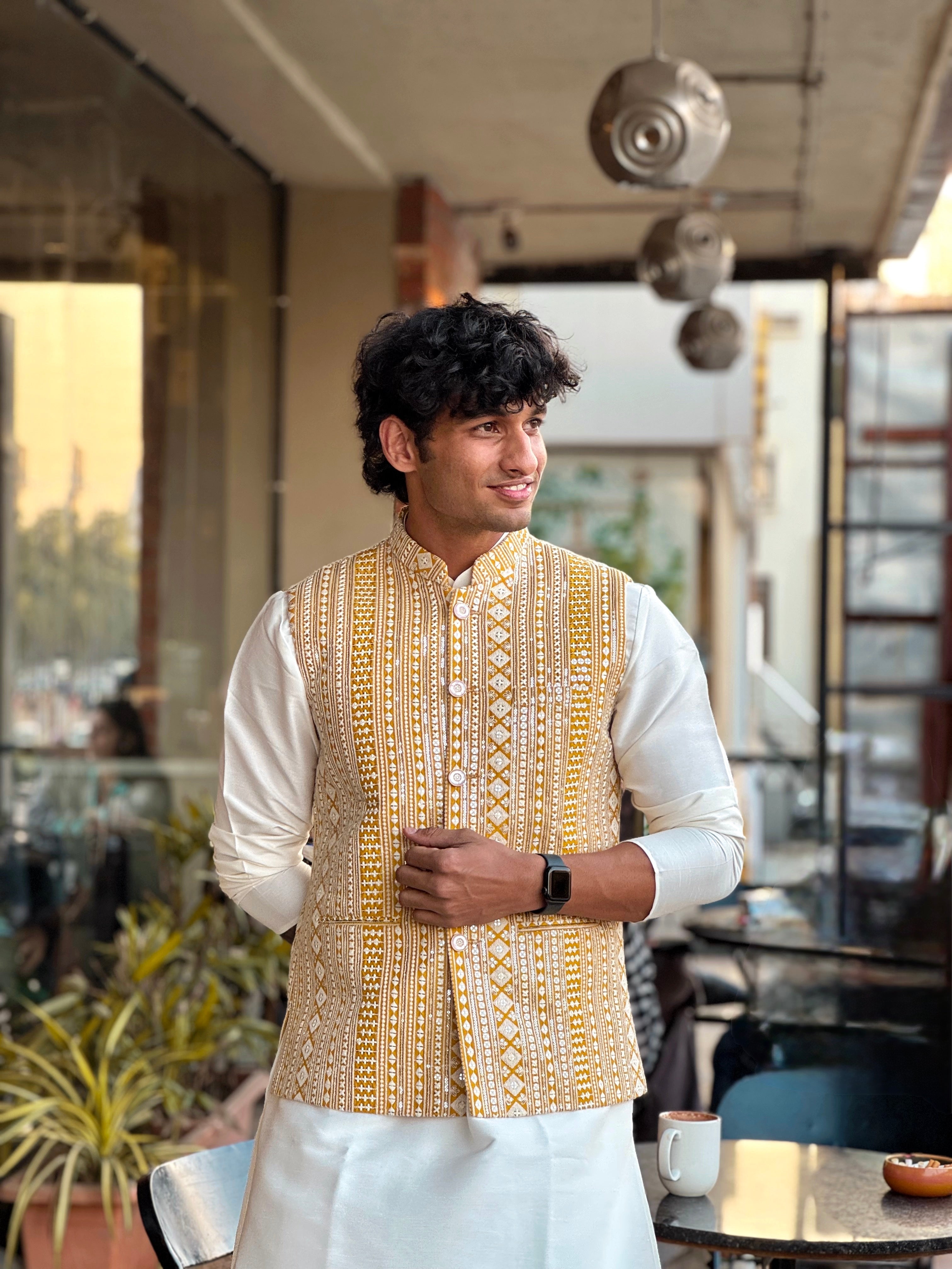 White & Yellow Mirror Work Kurta Jacket Set