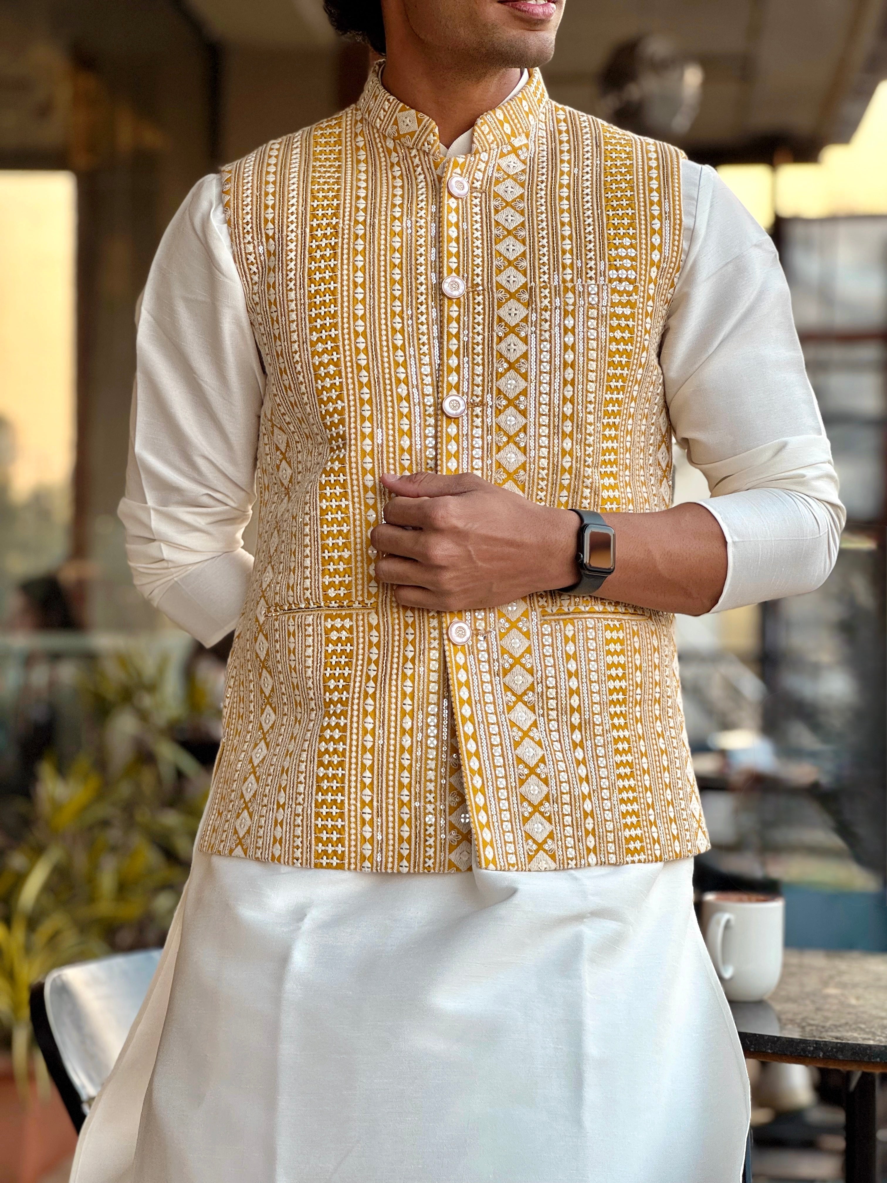 White & Yellow Mirror Work Kurta Jacket Set
