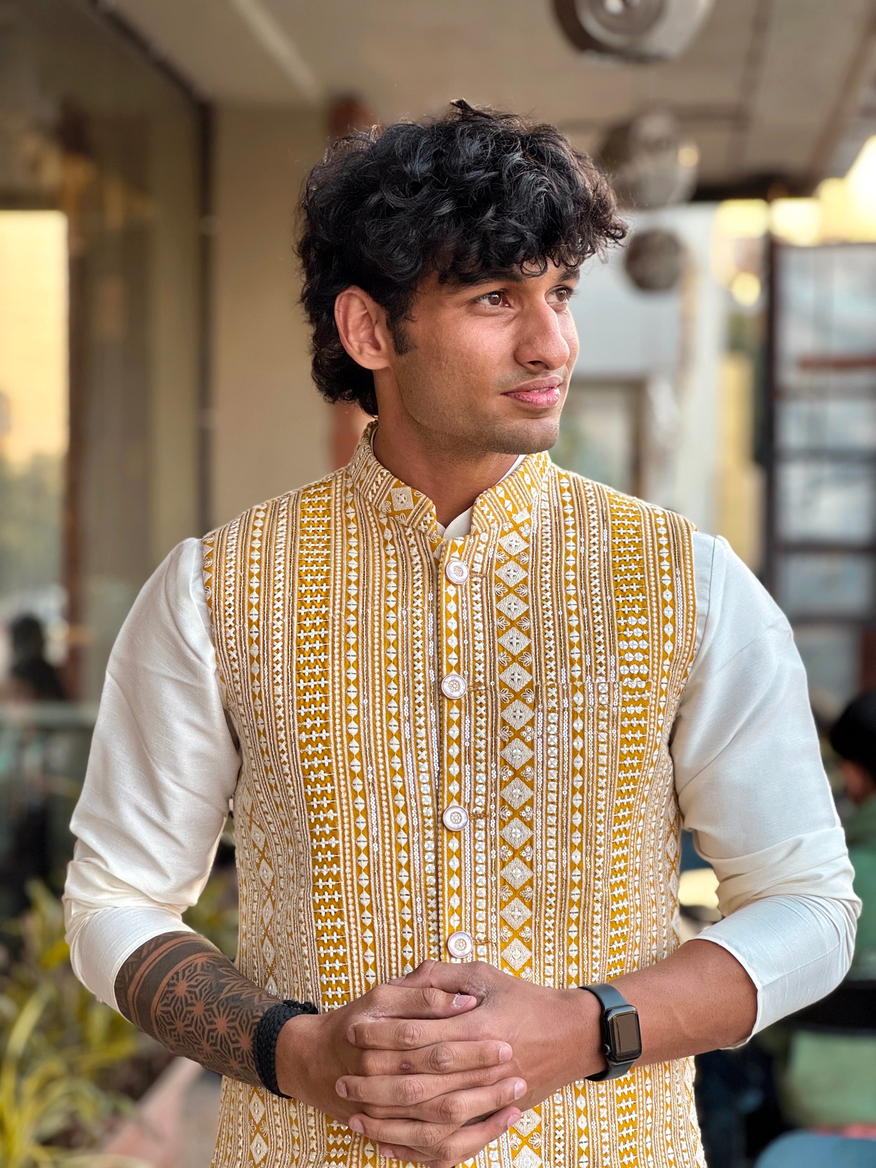 White & Yellow Mirror Work Kurta Jacket Set