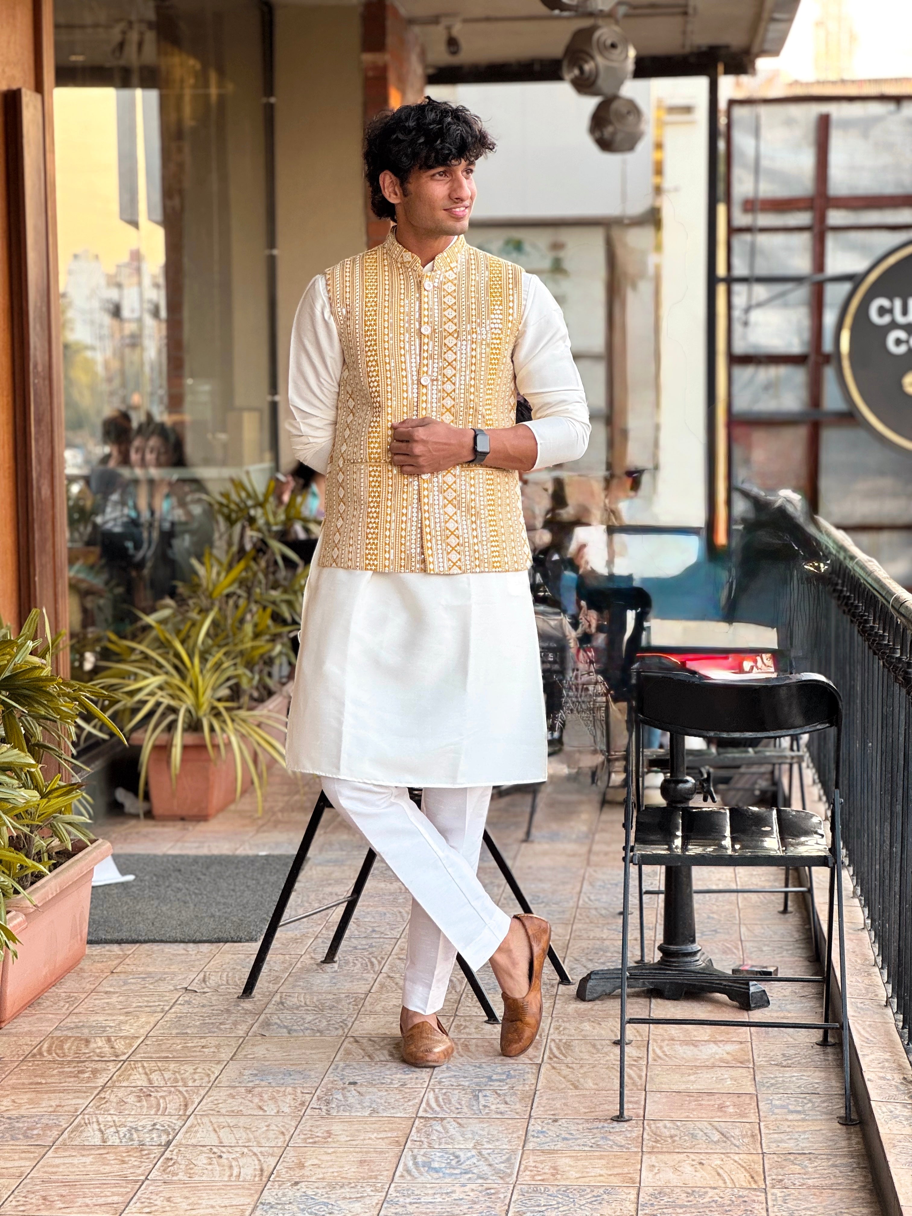 White & Yellow Mirror Work Kurta Jacket Set