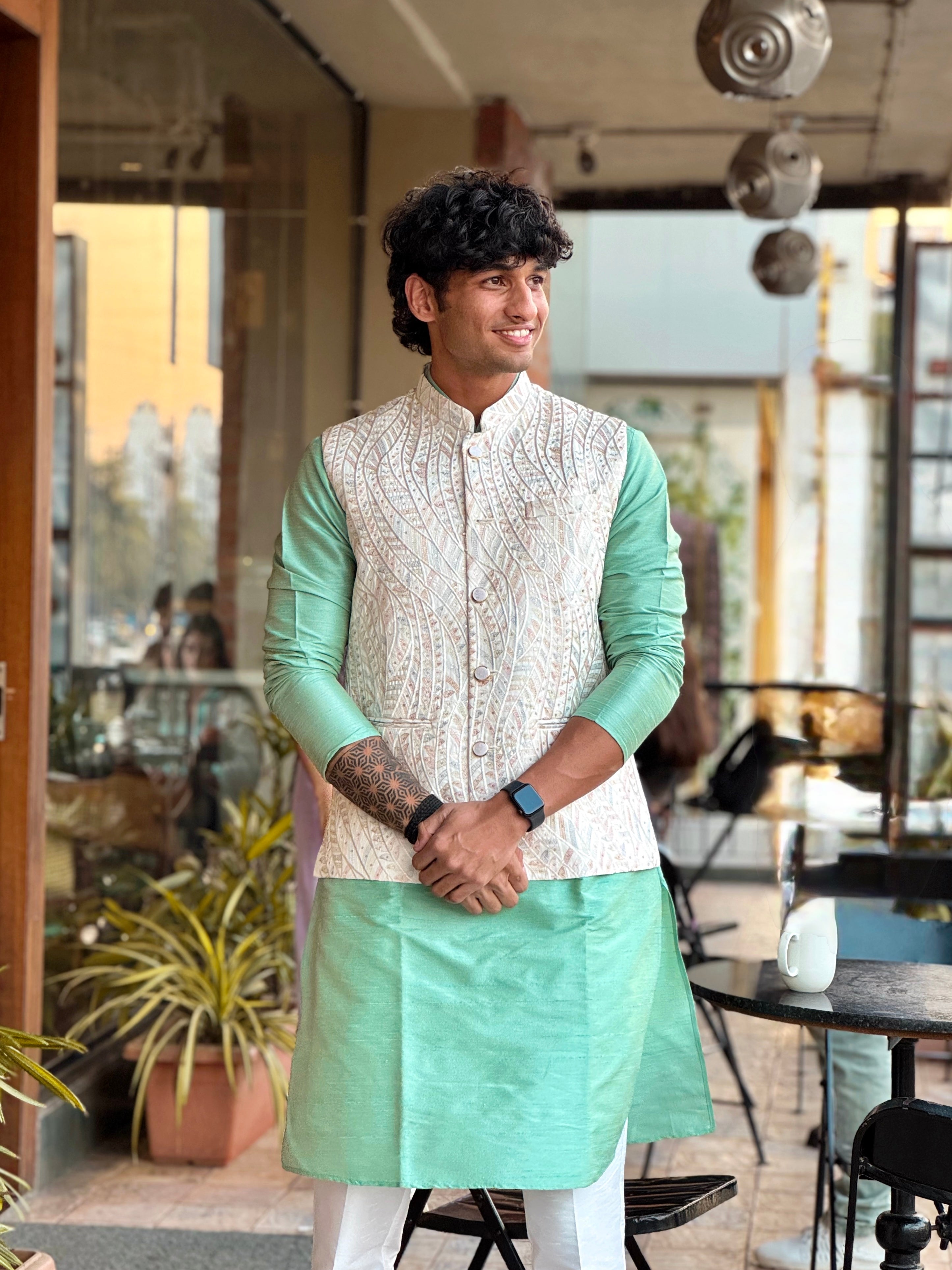 Magnet Men's Sea Green Lucknowi Nehru Jacket Set