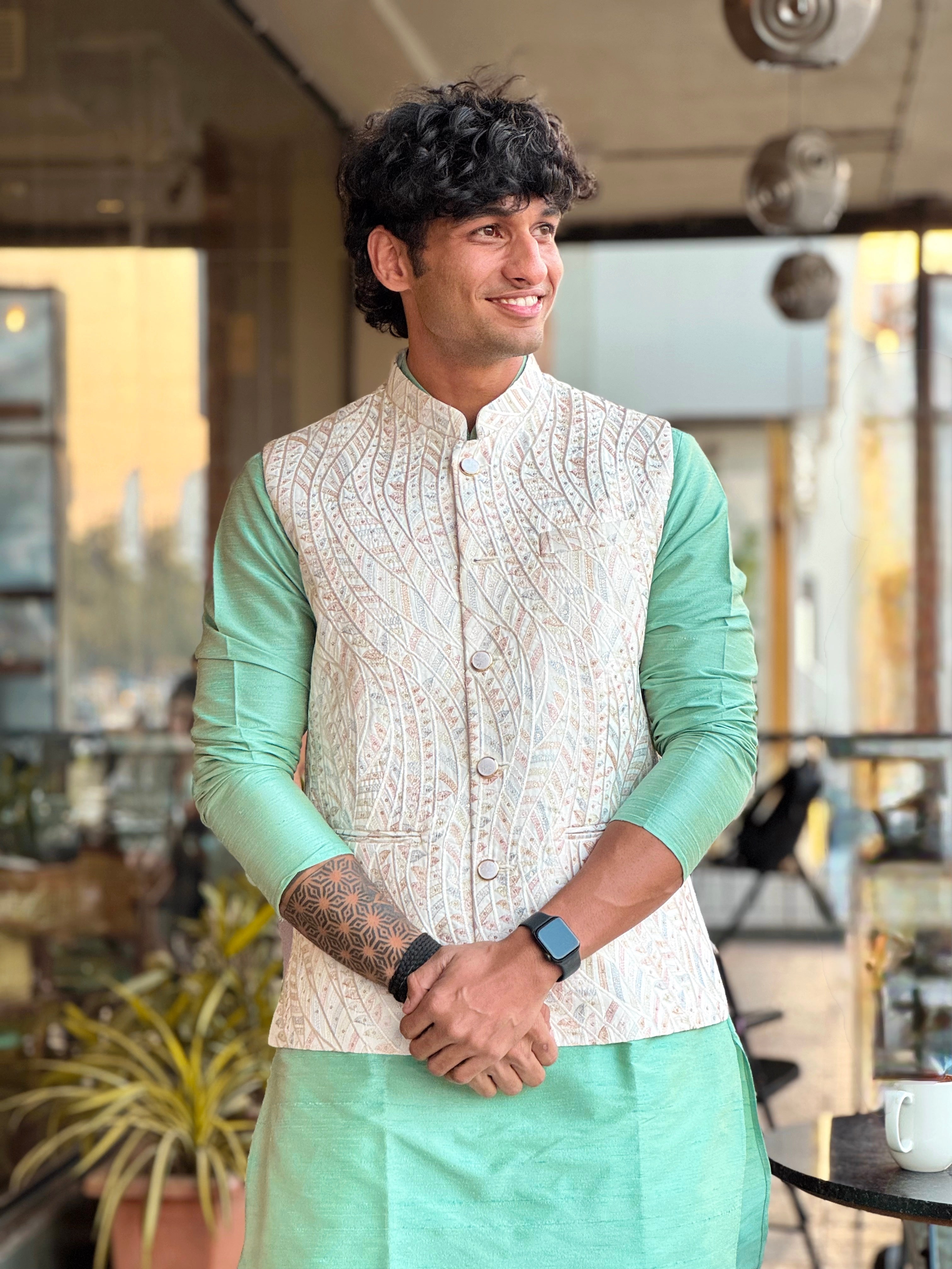 Men Sea Green Lucknowi Nehru Jacket Set
