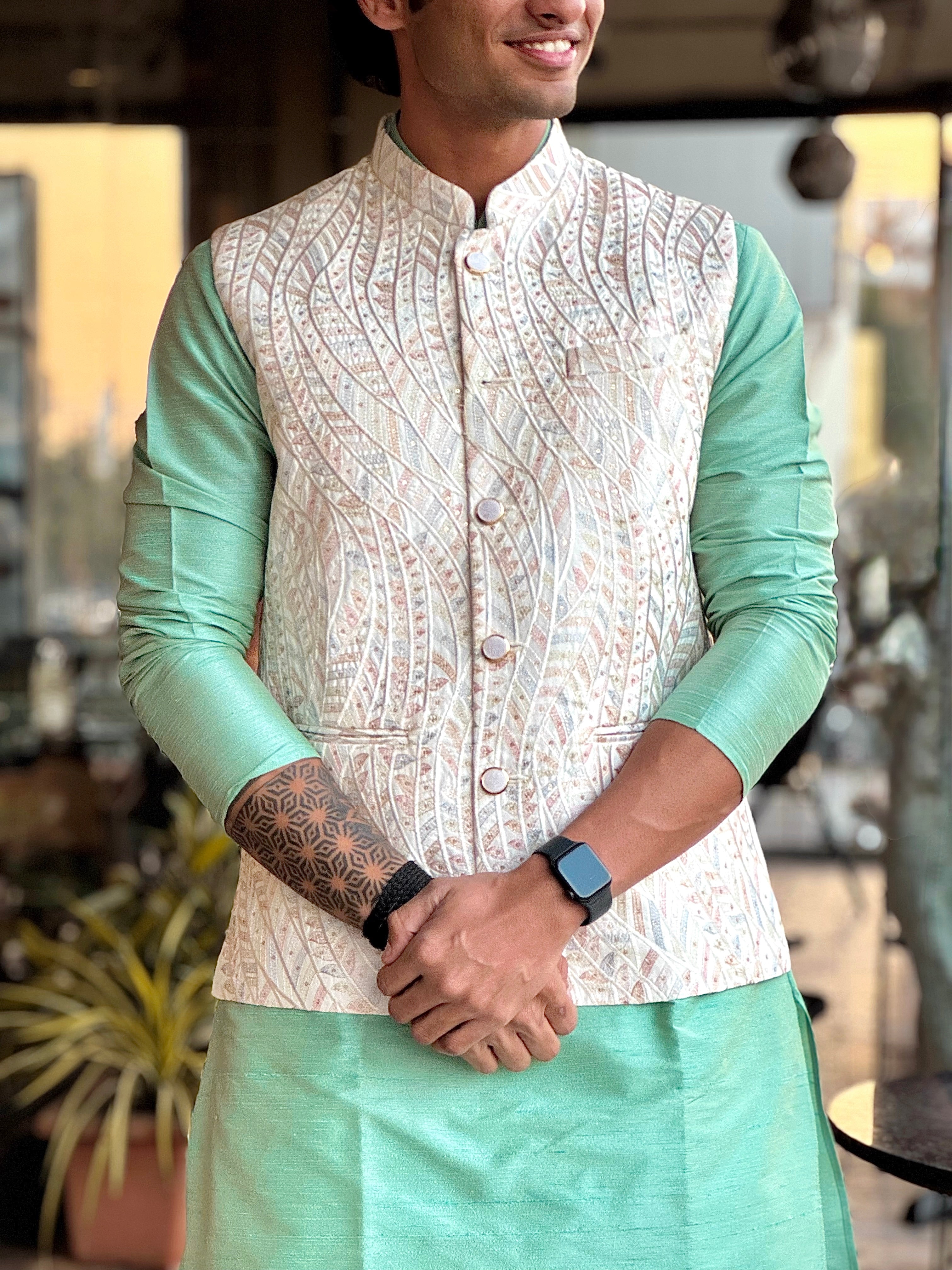 Magnet Men's Sea Green Lucknowi Nehru Jacket Set