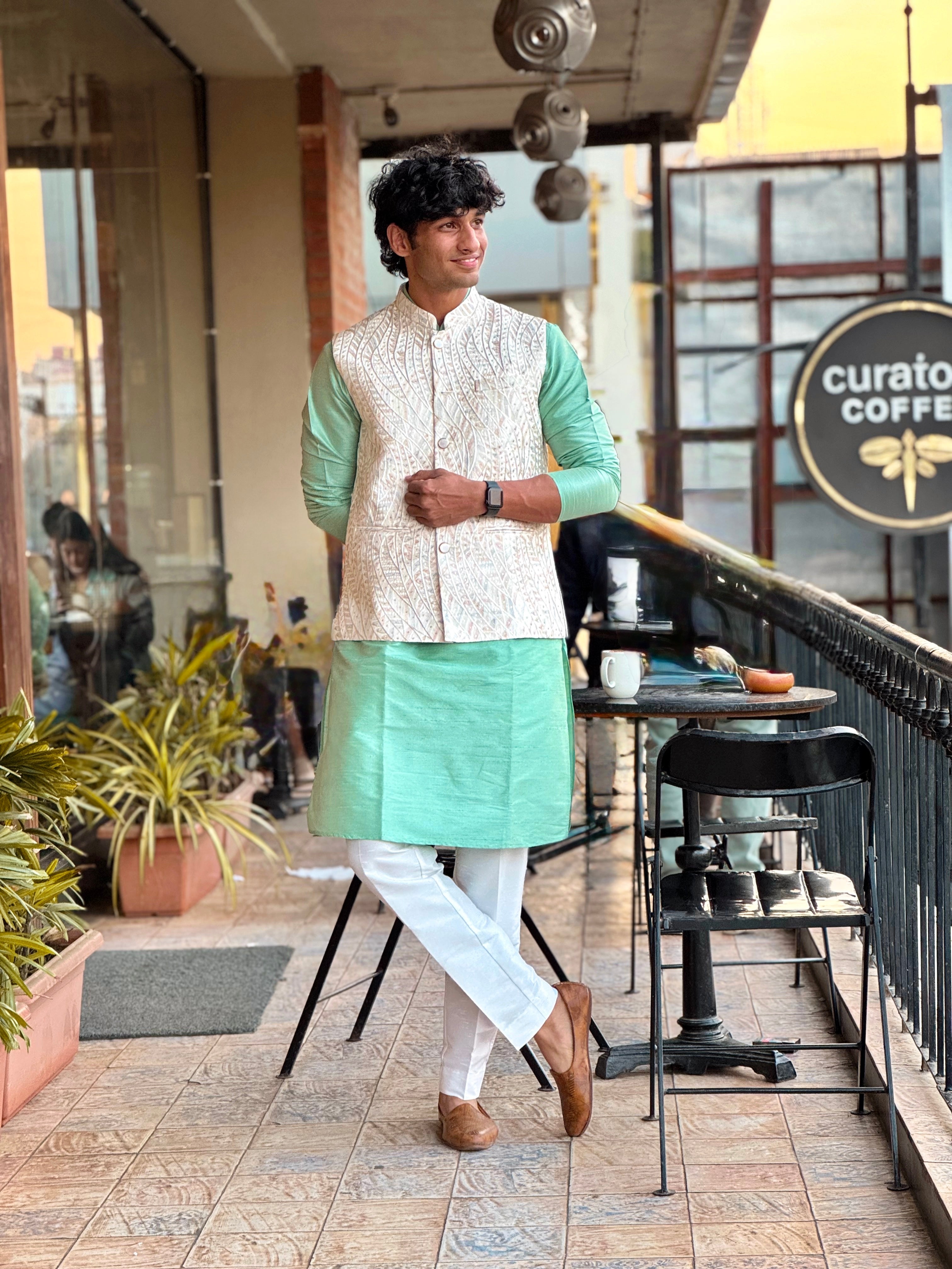 Men Sea Green Lucknowi Nehru Jacket Set
