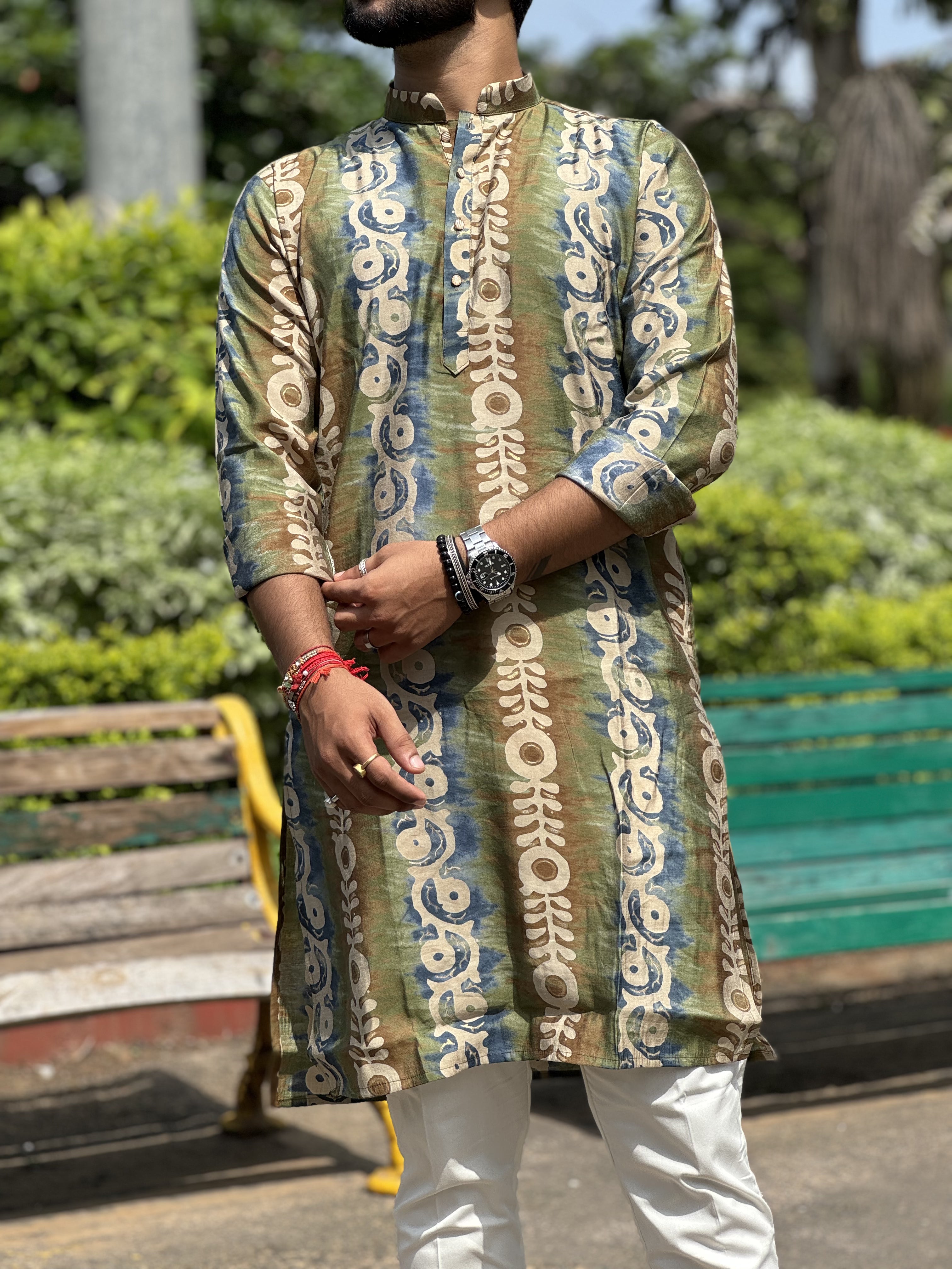Magnet Men's Green Printed Kurta Only