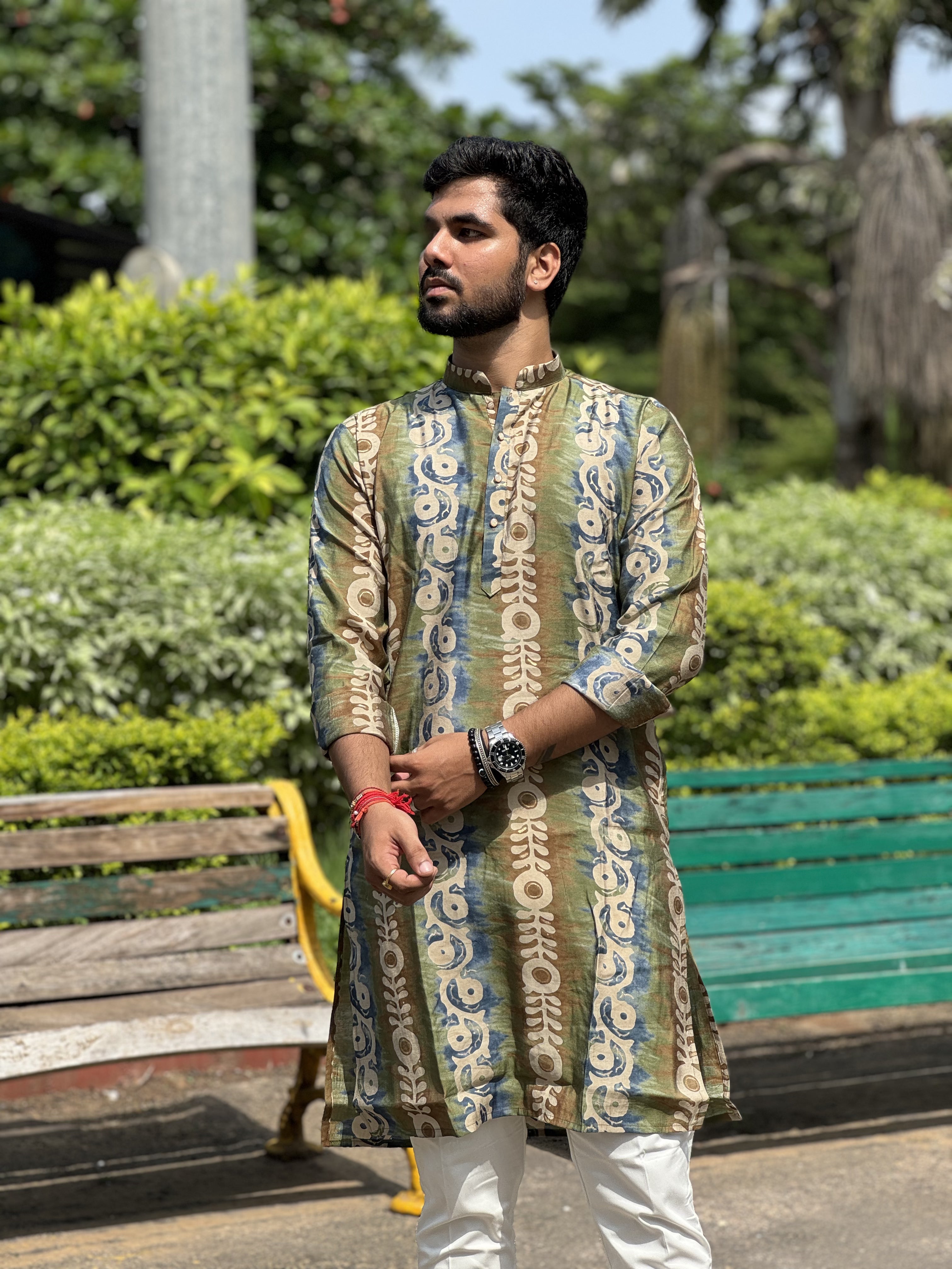 Magnet Men's Green Printed Kurta Only