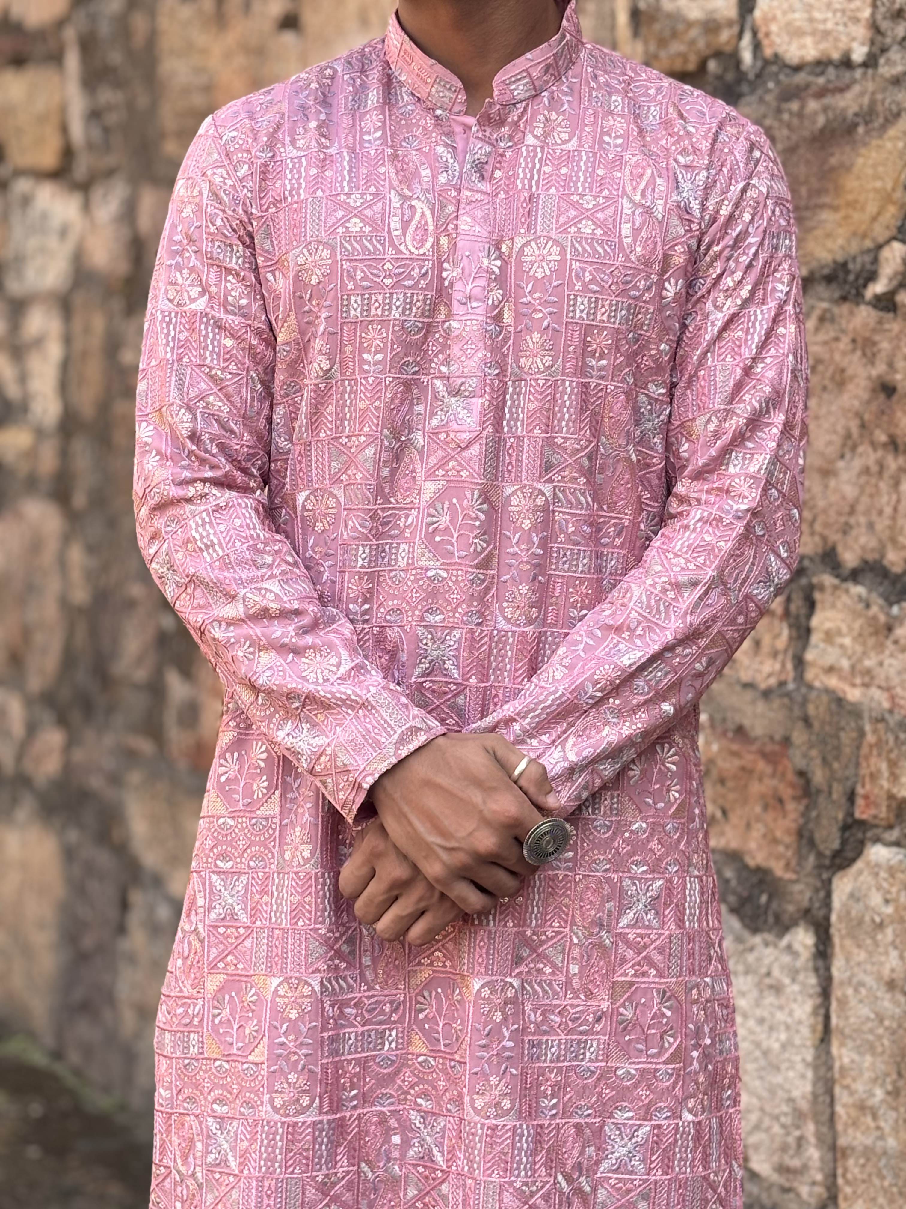 Pink Multi Thread Lucknowi Work Kurta Patiala Set