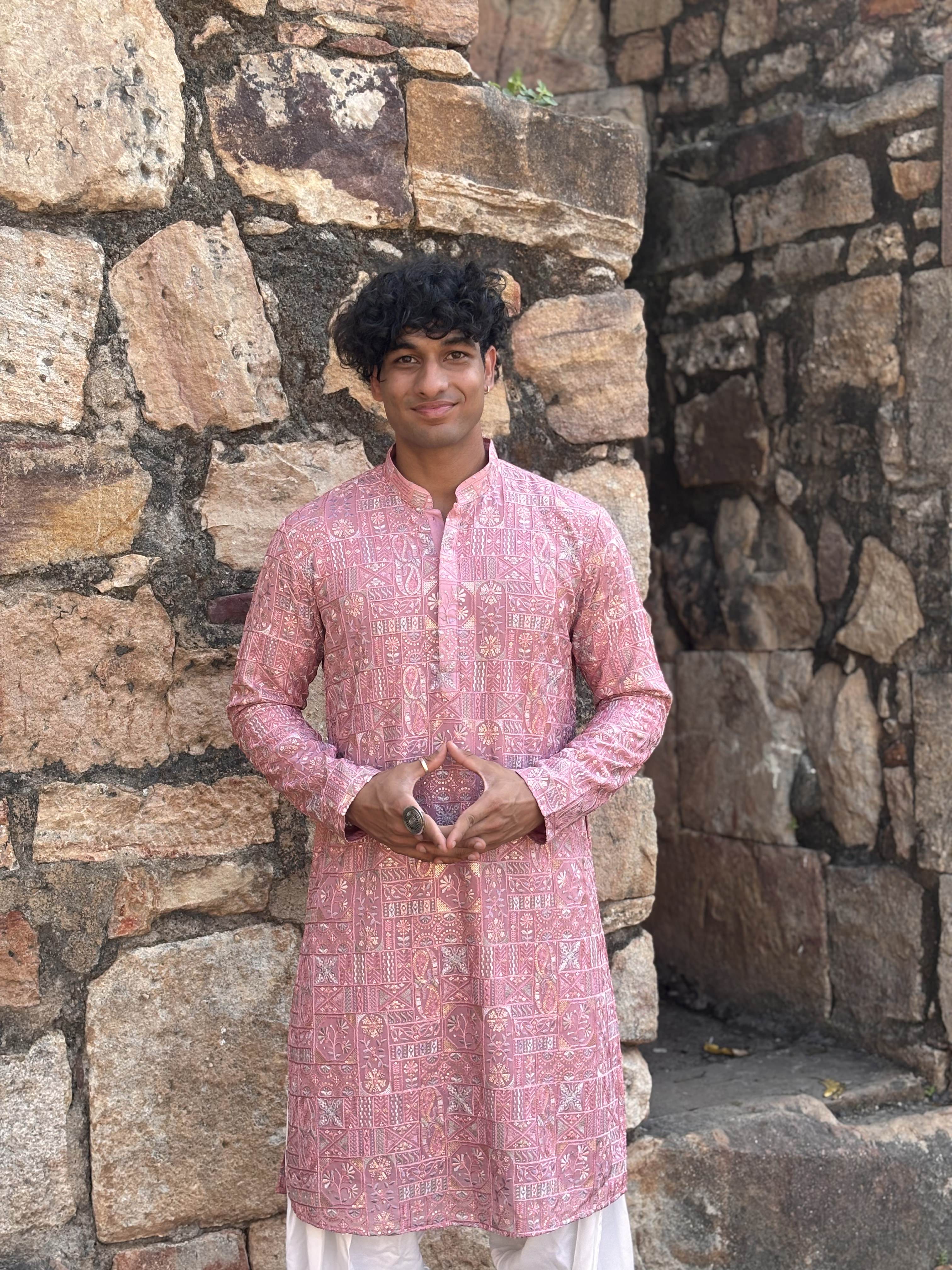 Pink Multi Thread Lucknowi Work Kurta Patiala Set