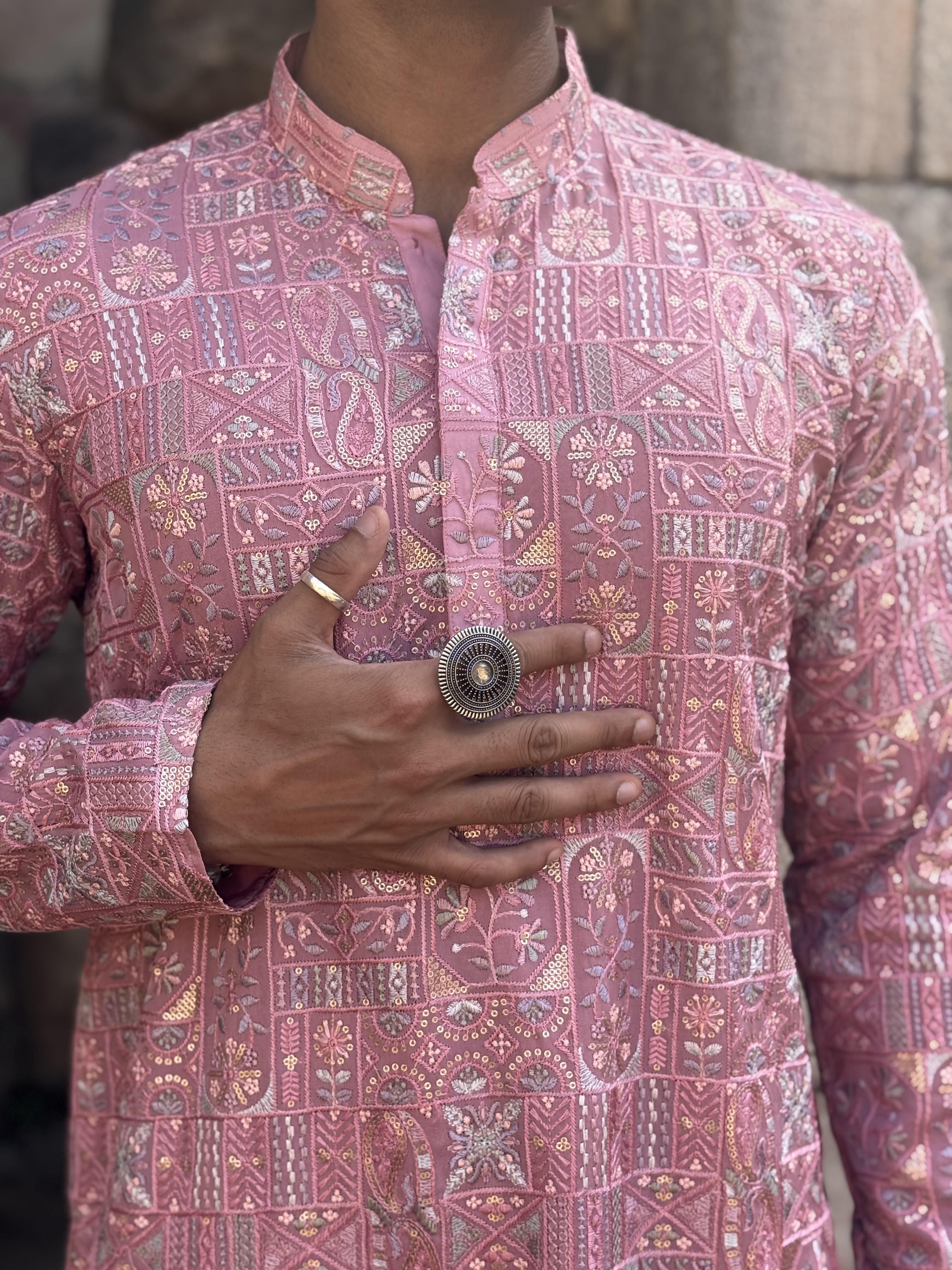 Pink Multi Thread Lucknowi Work Kurta Patiala Set