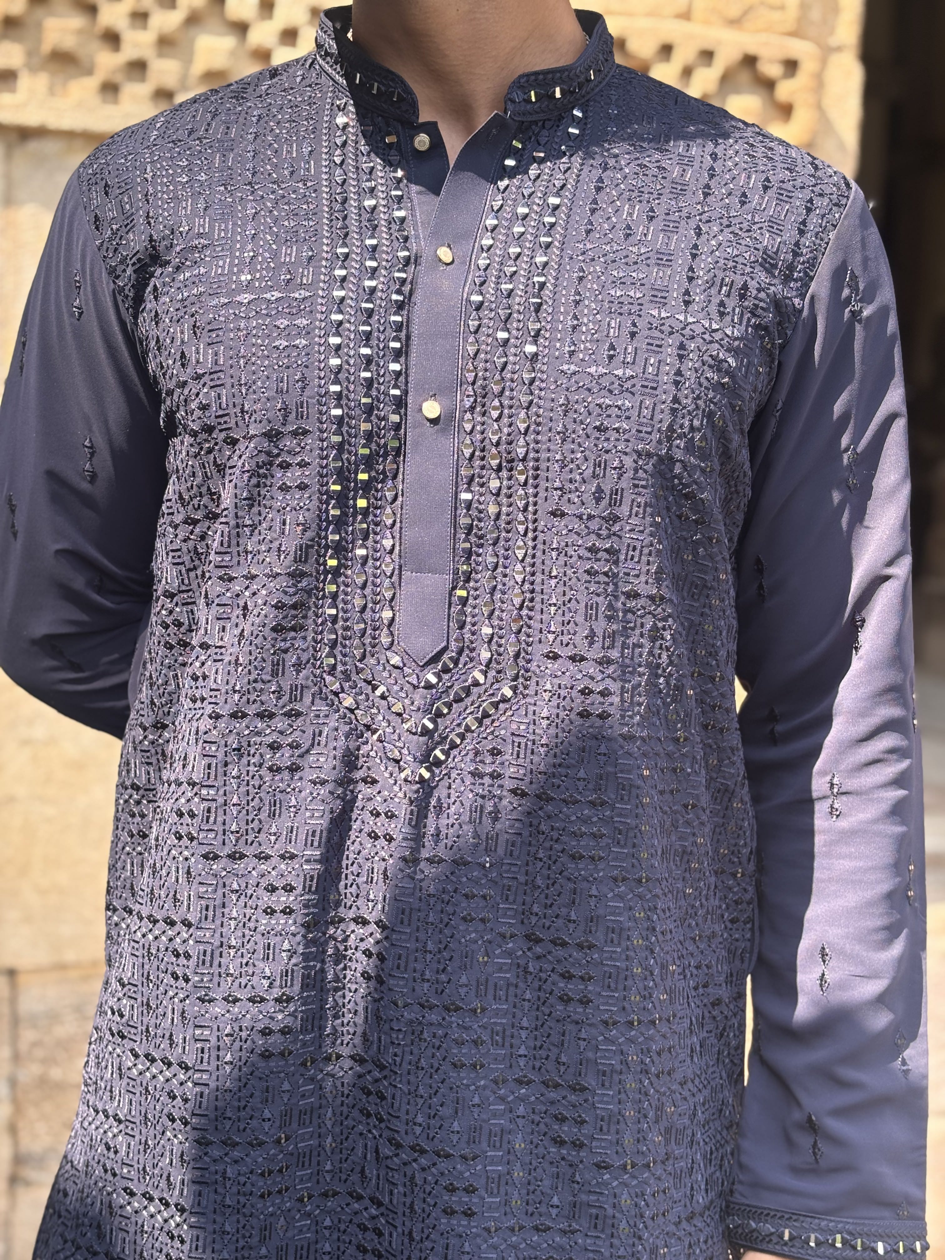 Navy Blue Lucknowi with Mirror work Kurta Patiala Set