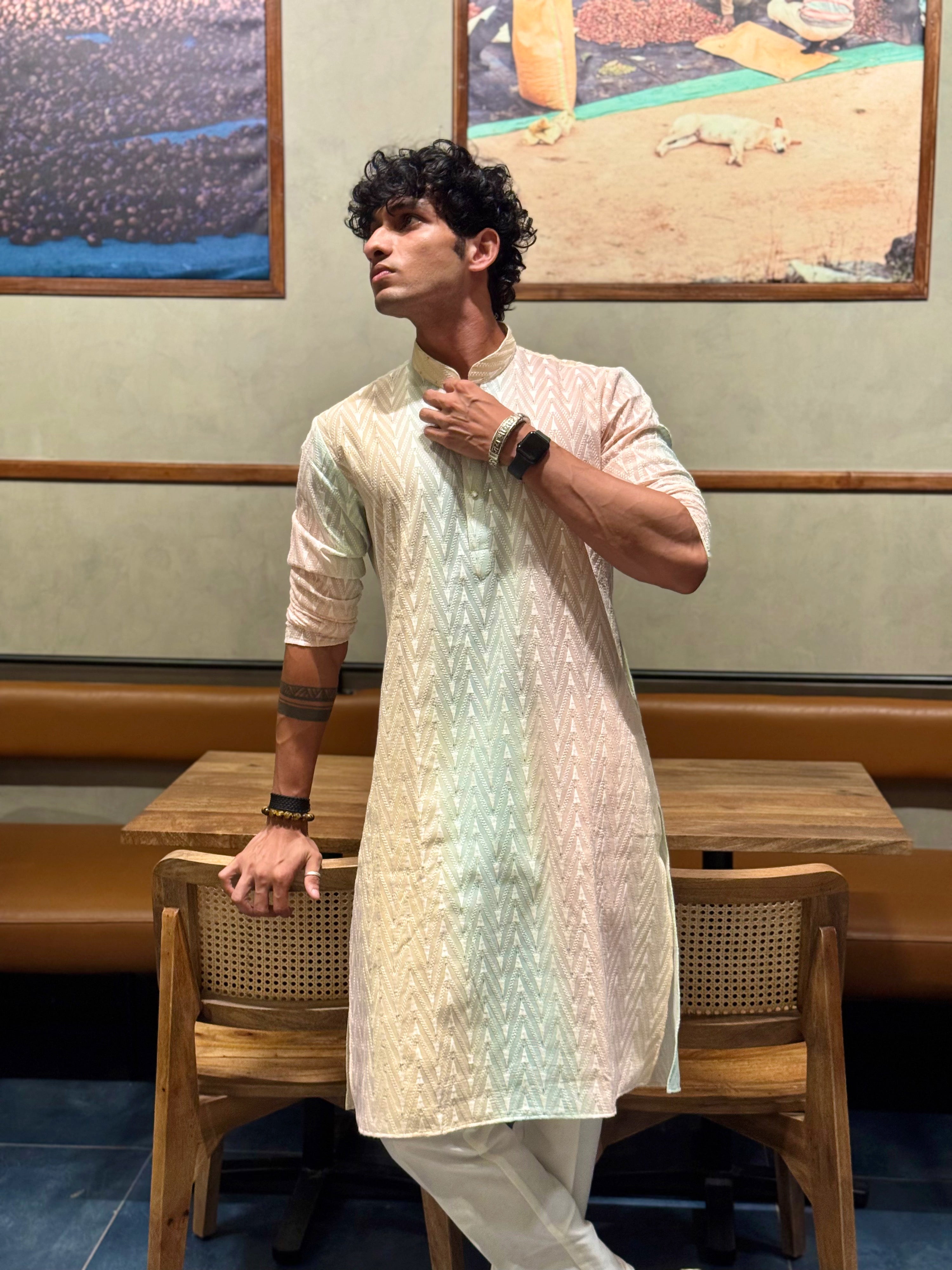 Multicolour Thread Work Kurta Trouser Set