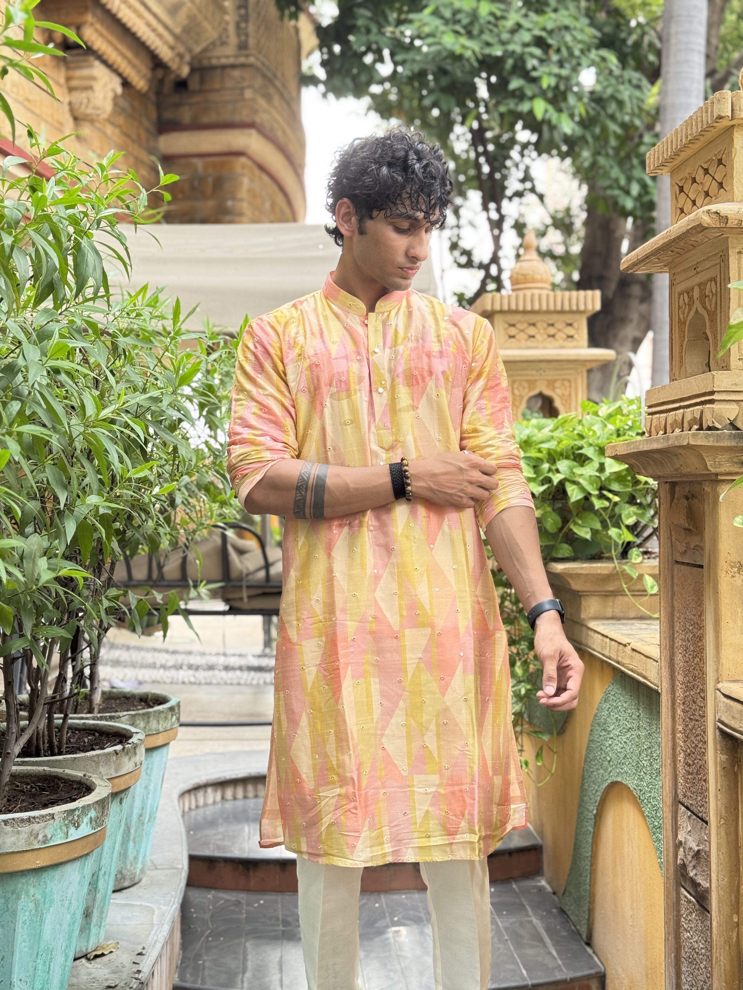 Printed Tissue Silk Mirror Work Kurta Trouser Set