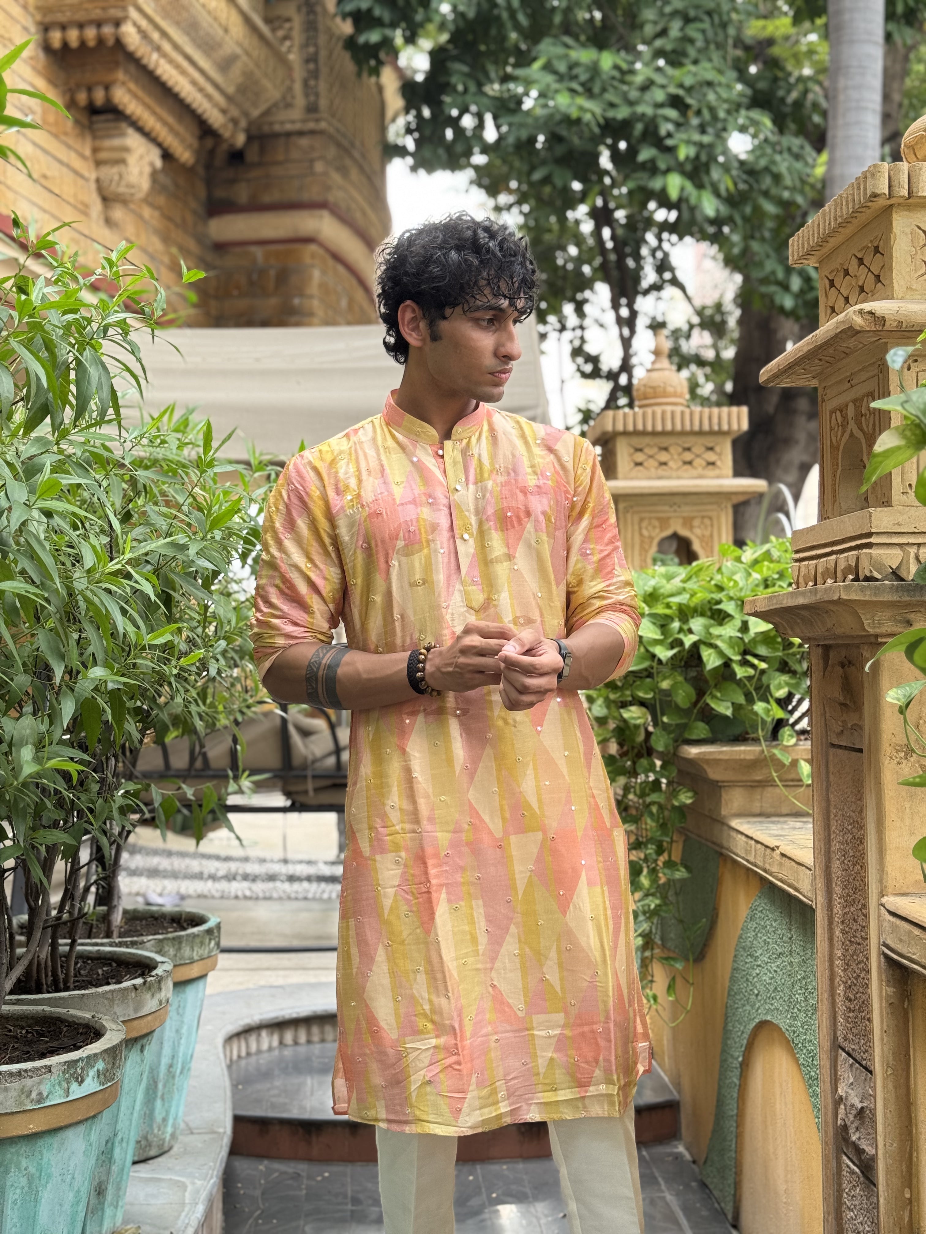 Printed Tissue Silk Mirror Work Kurta Trouser Set