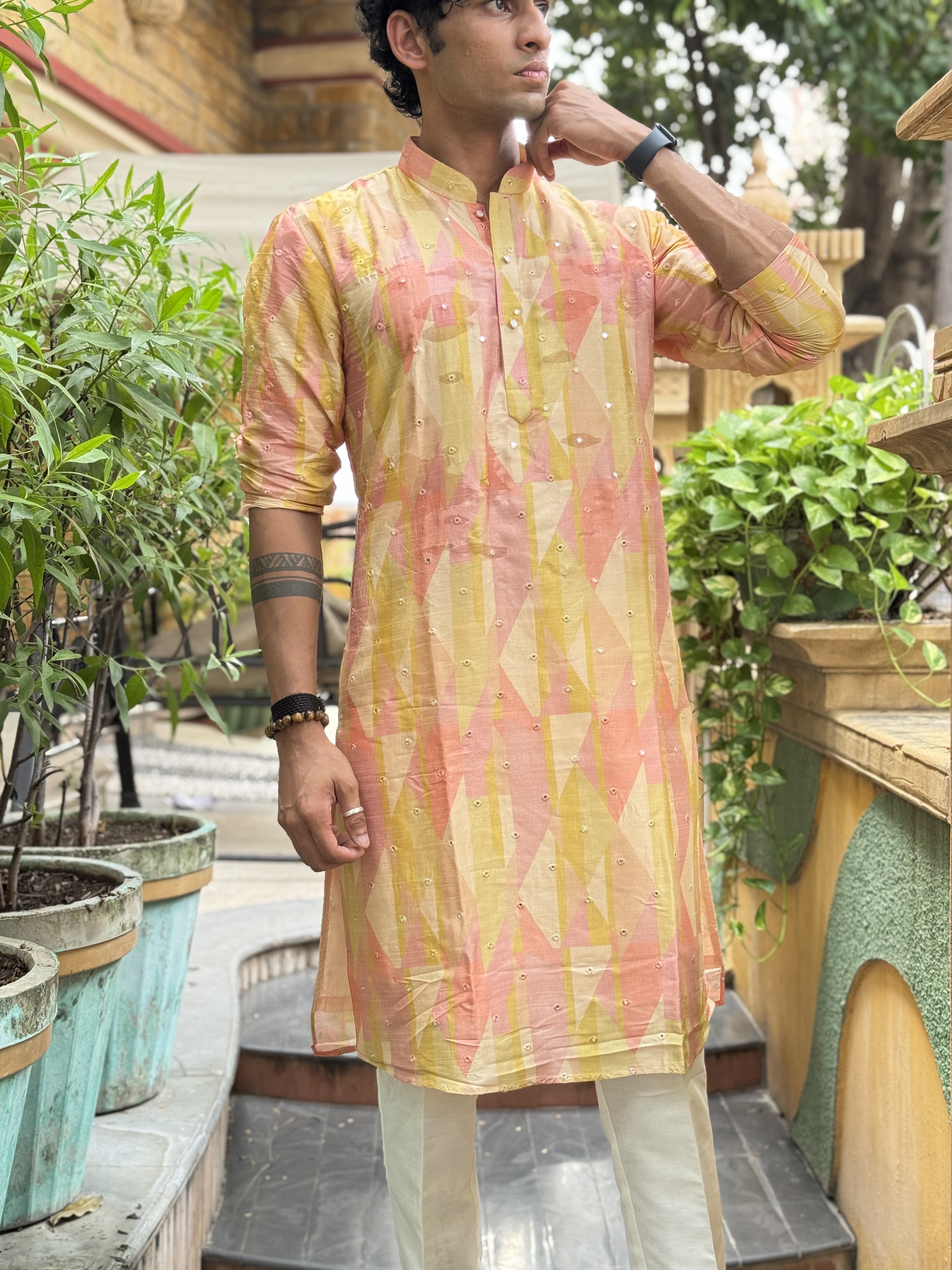 Printed Tissue Silk Mirror Work Kurta Trouser Set