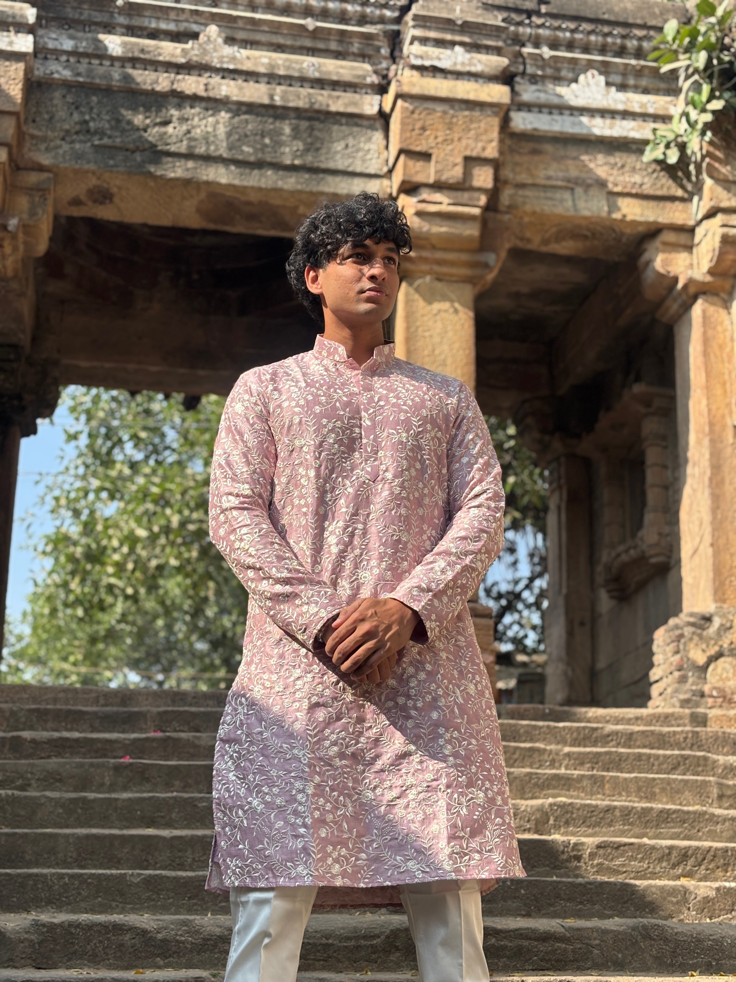 Rose Pink Silk Embroidered Kurta Set