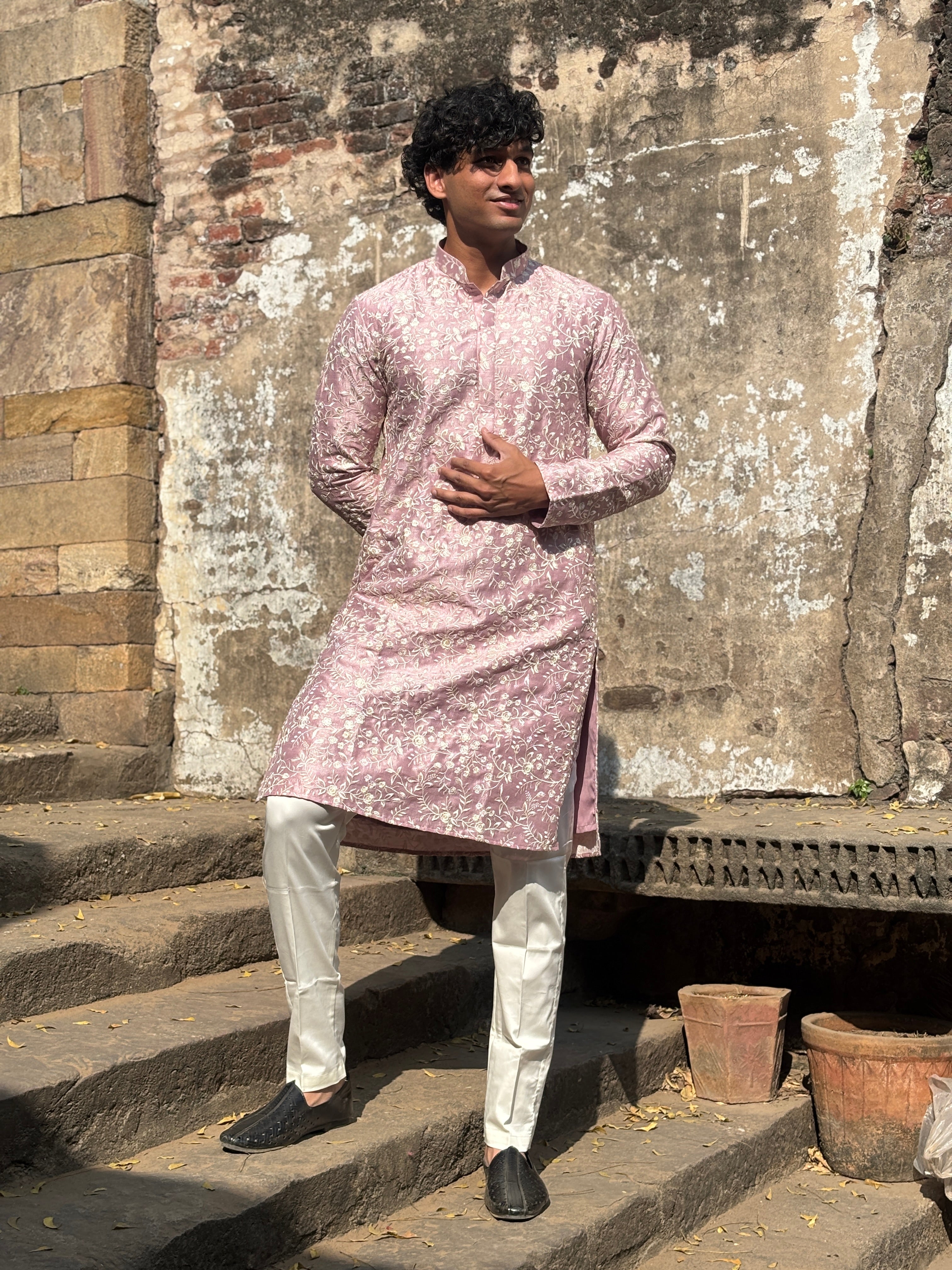 Rose Pink Silk Embroidered Kurta Set