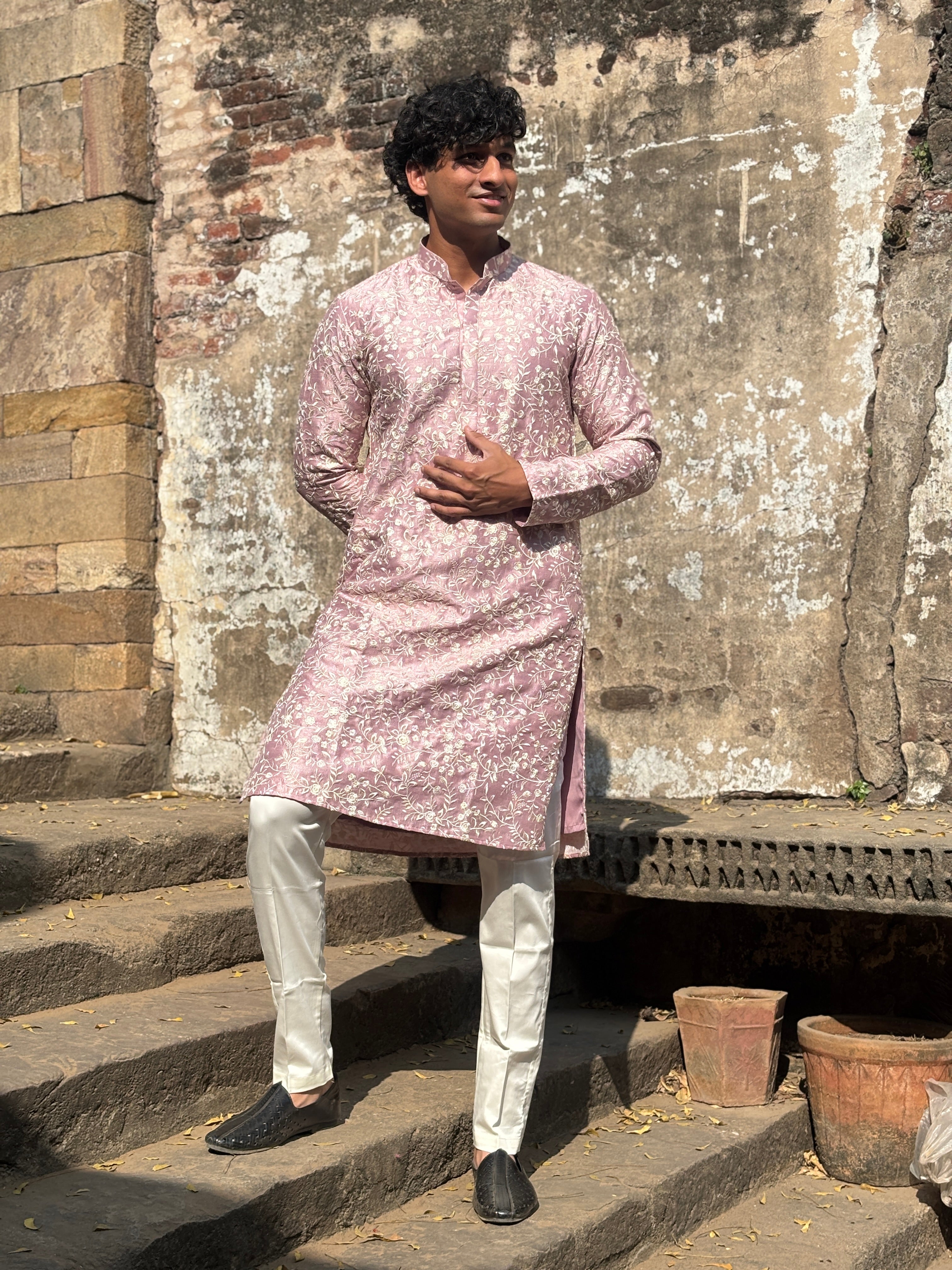 Rose Pink Silk Embroidered Kurta Set