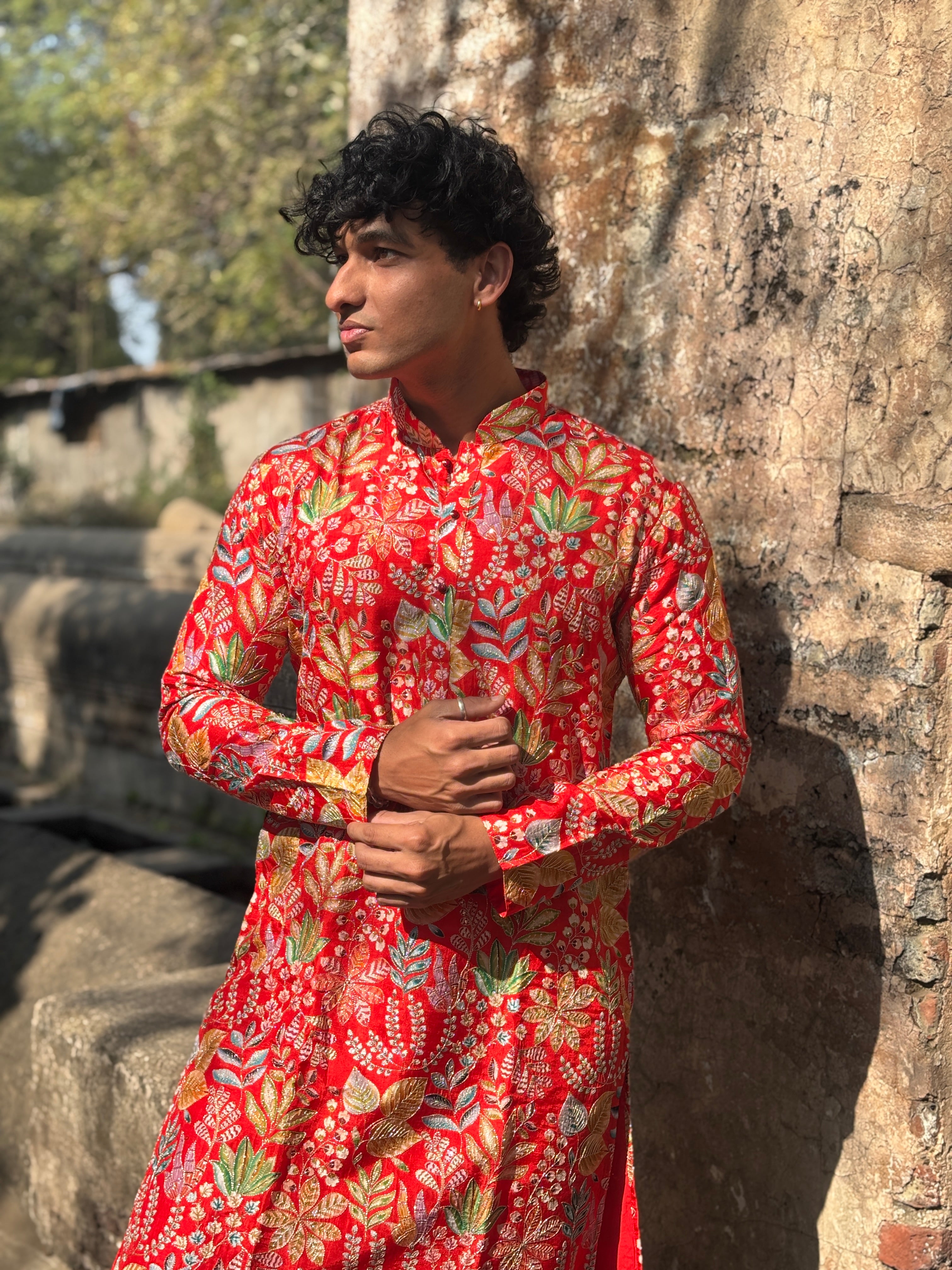 Red Embroidered Lucknowi Kurta Set