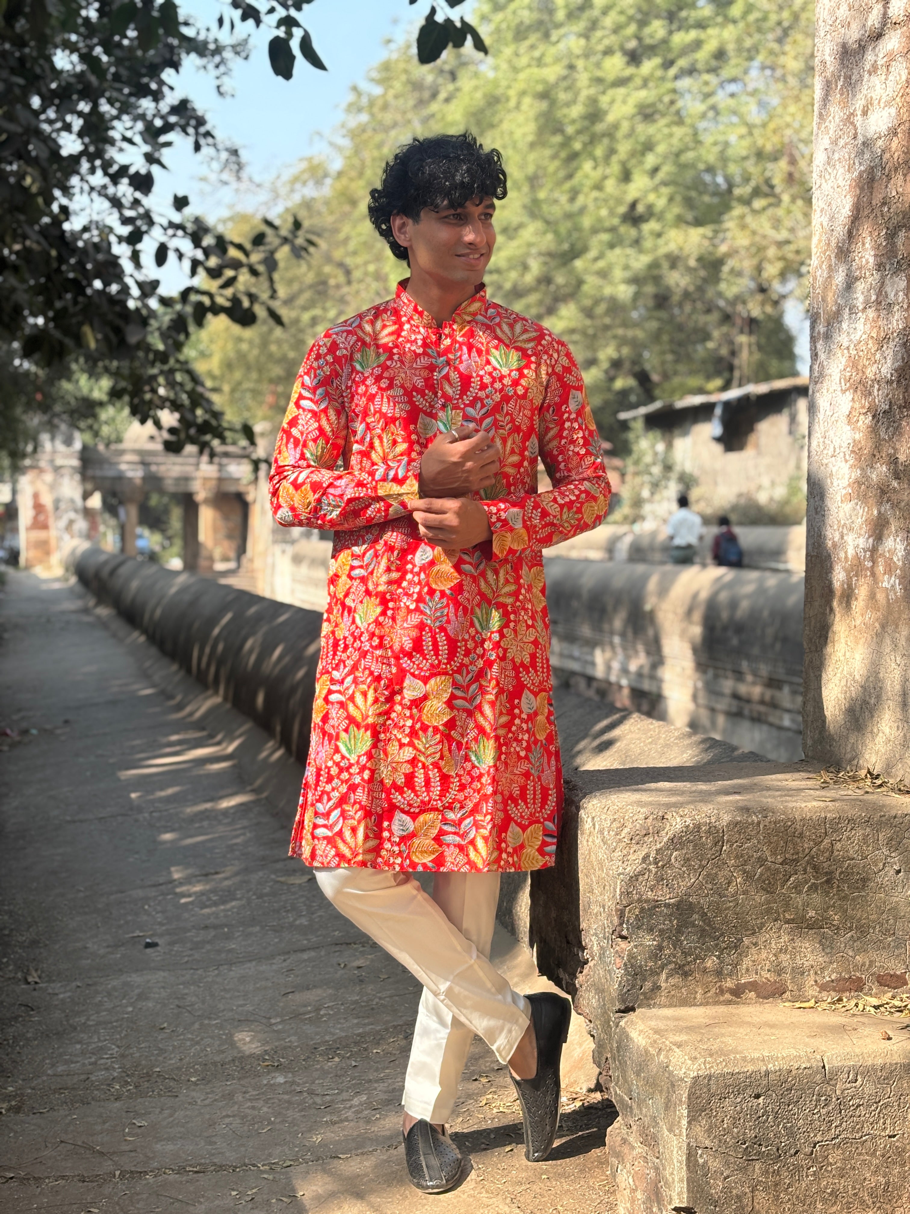 Red Embroidered Lucknowi Kurta Set