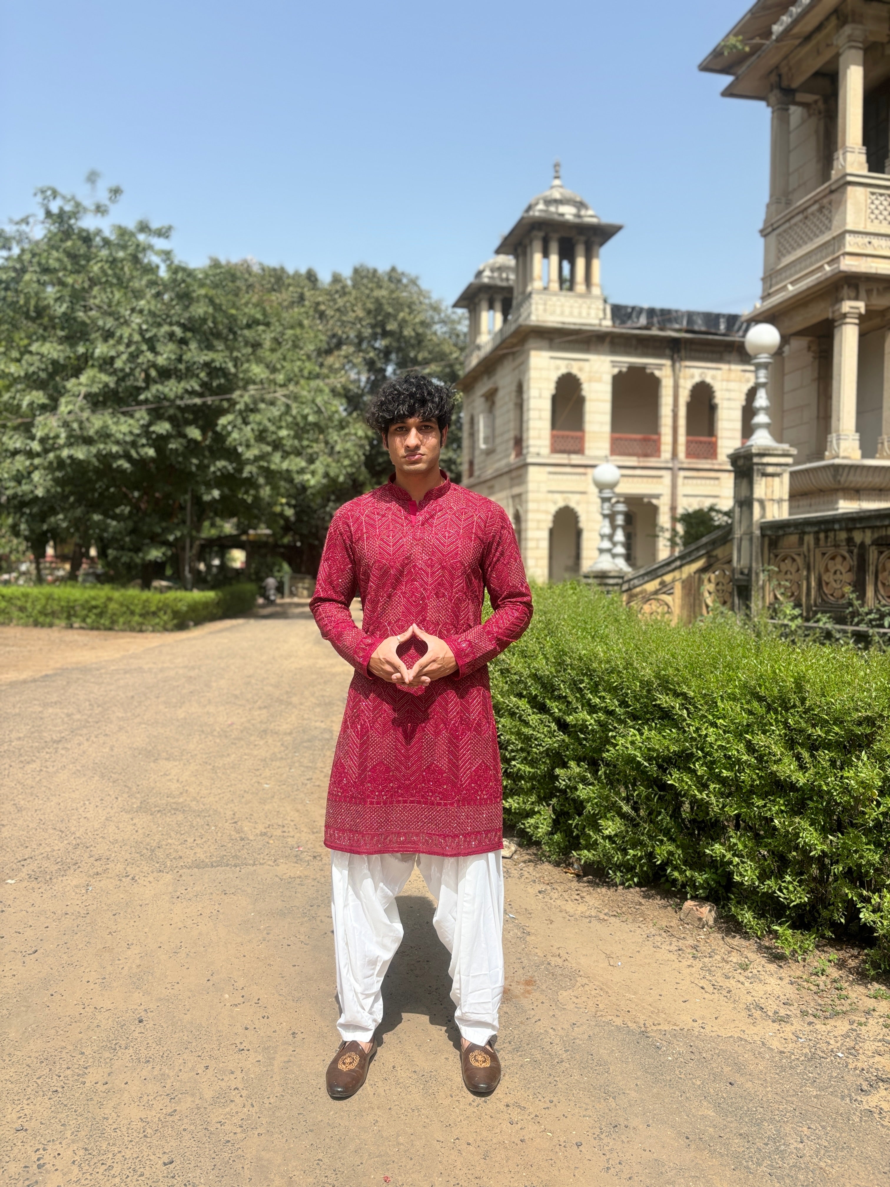 Rani Pink Pure Georgette Lucknowi Kurta Patiala Set