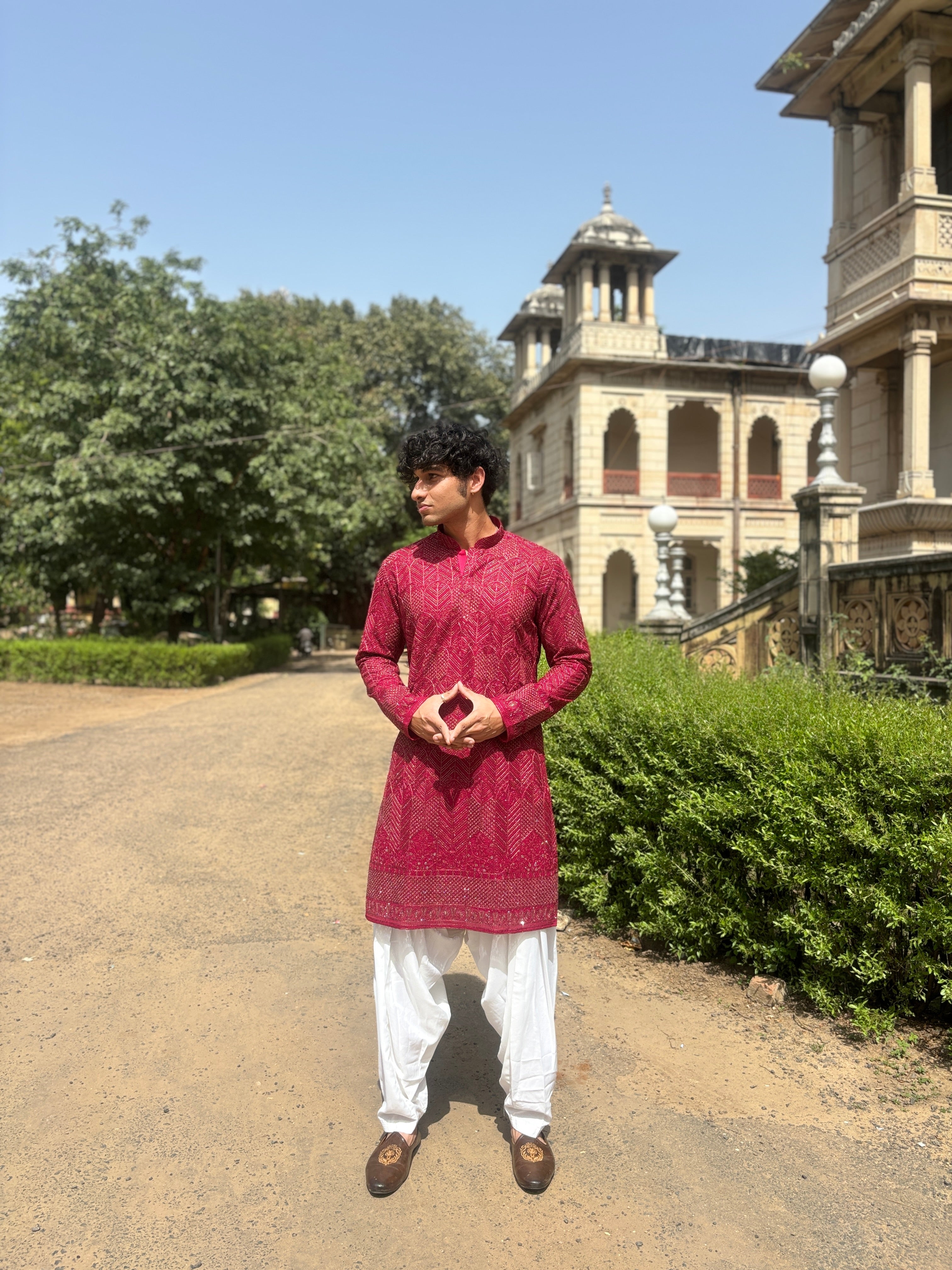 Rani Pink Pure Georgette Lucknowi Kurta Patiala Set