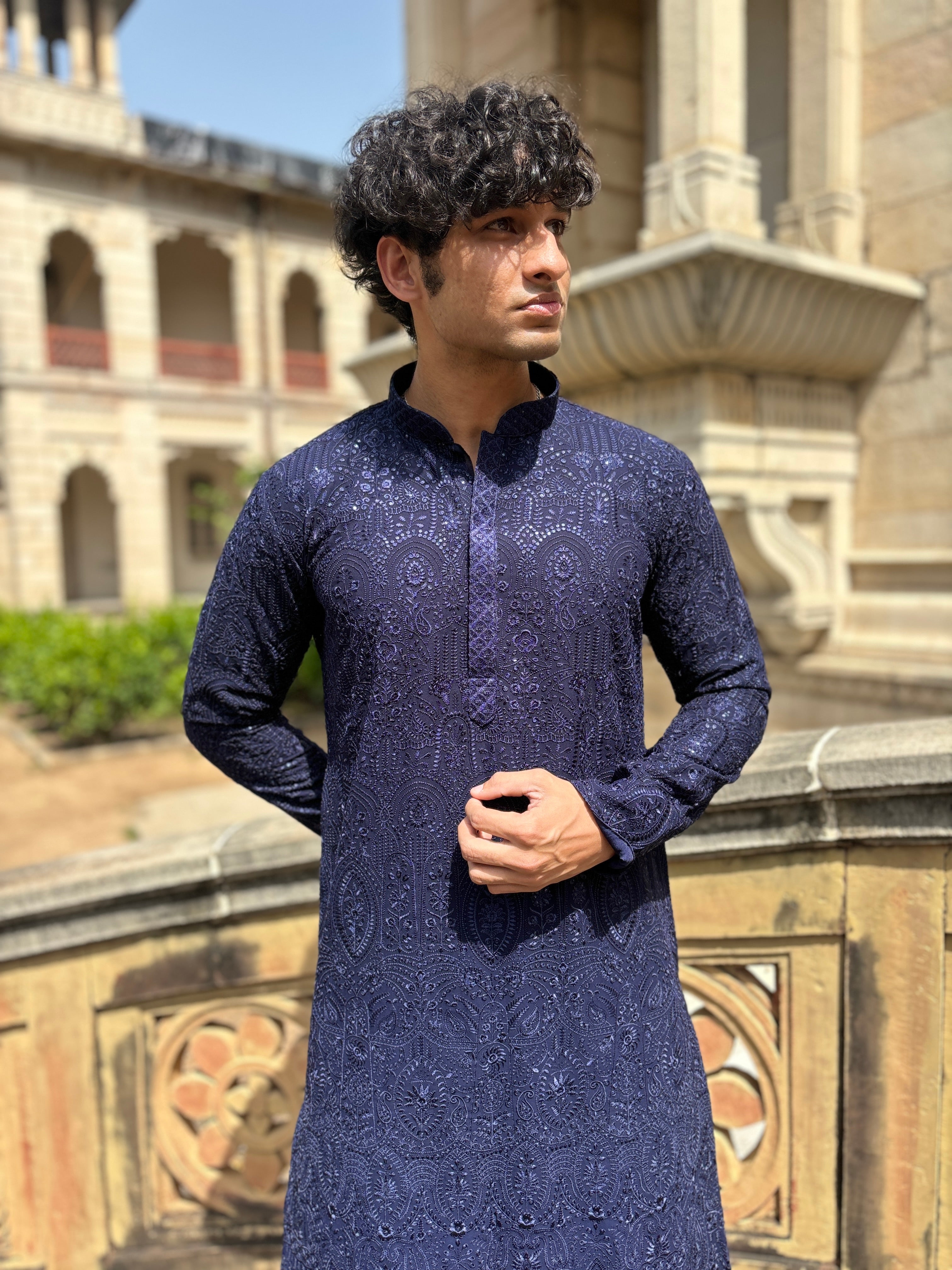 Navy Blue Pure Georgette Lucknowi Kurta Patiala Set