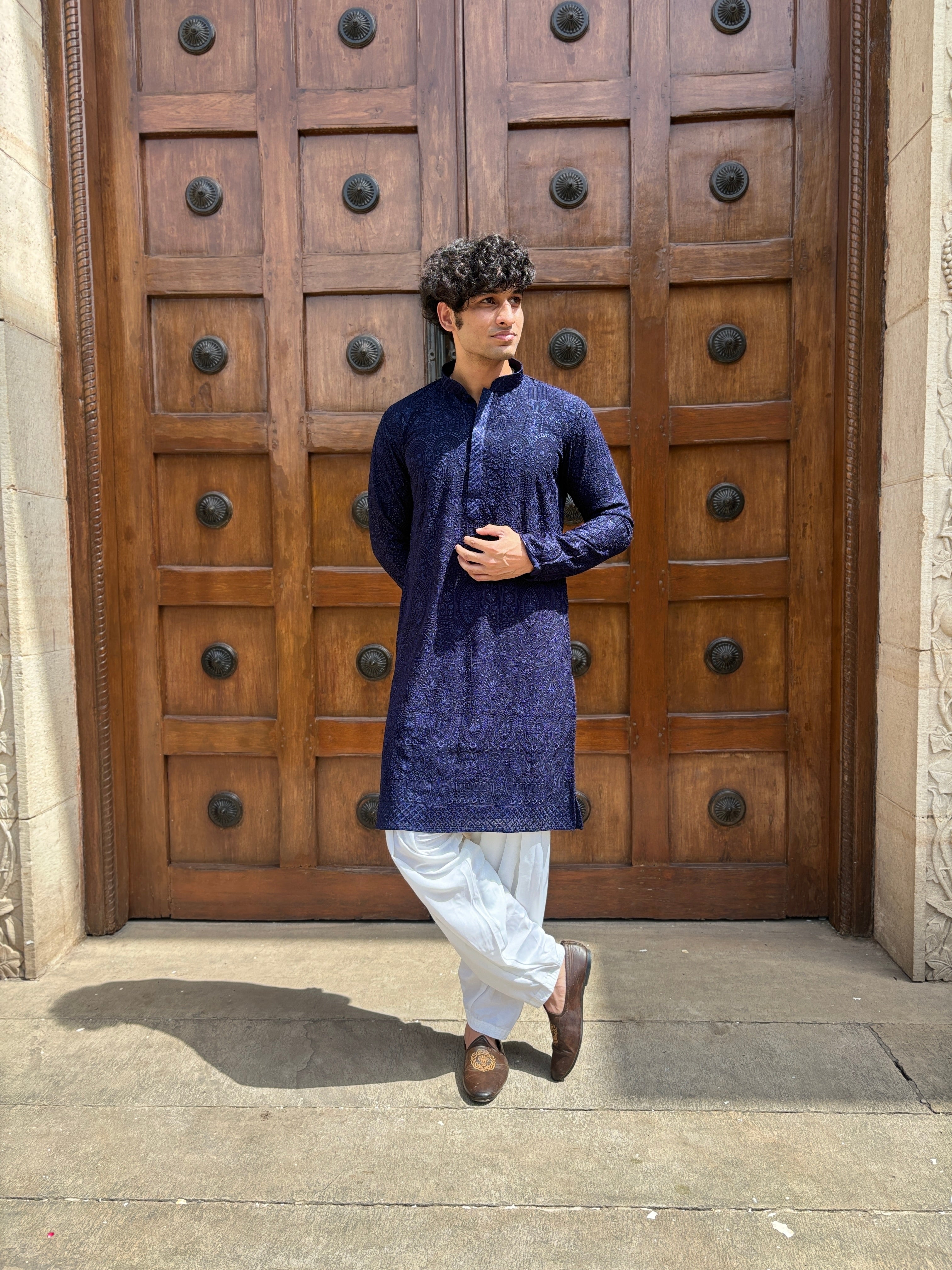 Navy Blue Pure Georgette Lucknowi Kurta Patiala Set