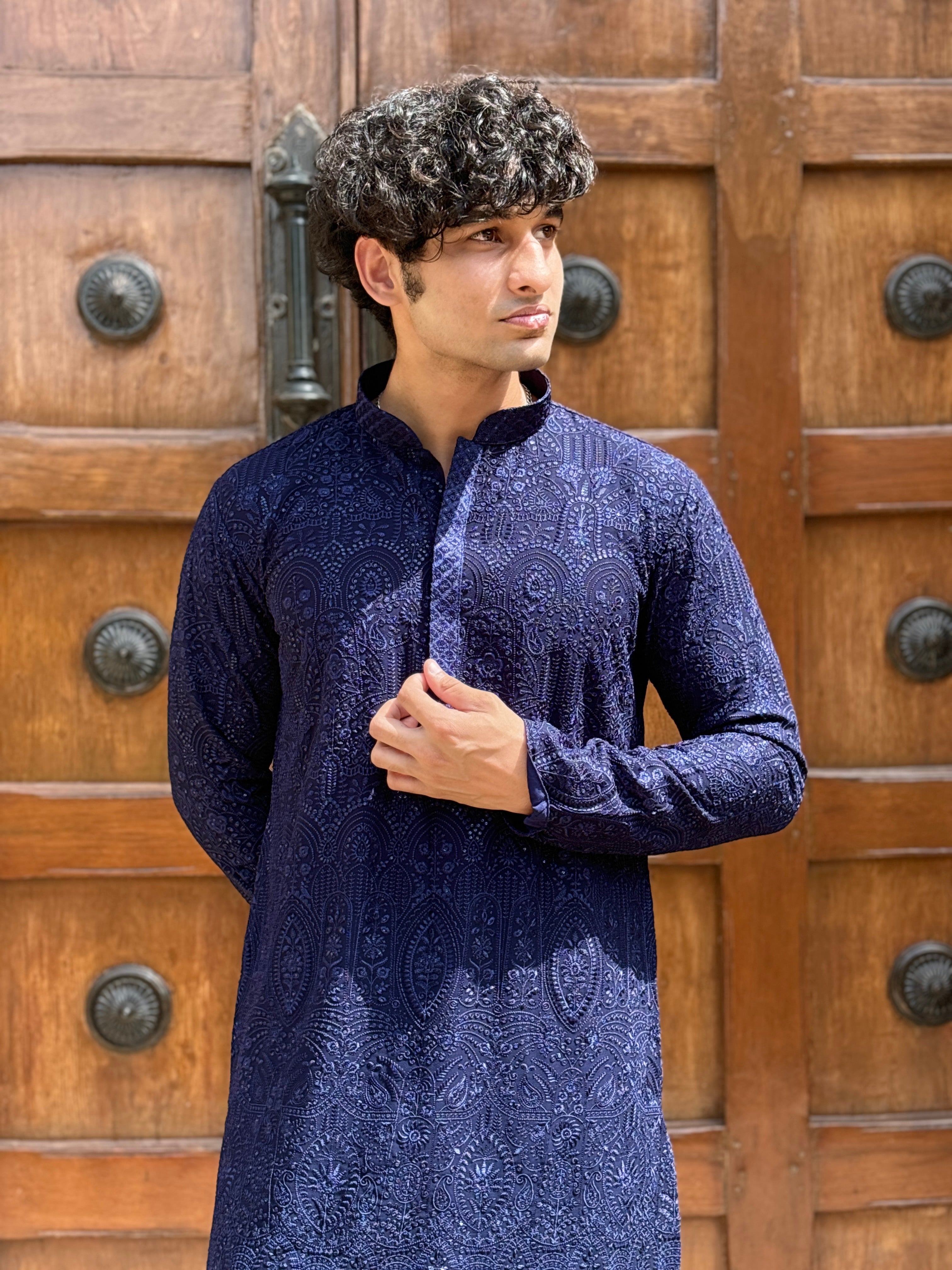 Navy Blue Pure Georgette Lucknowi Kurta Patiala Set