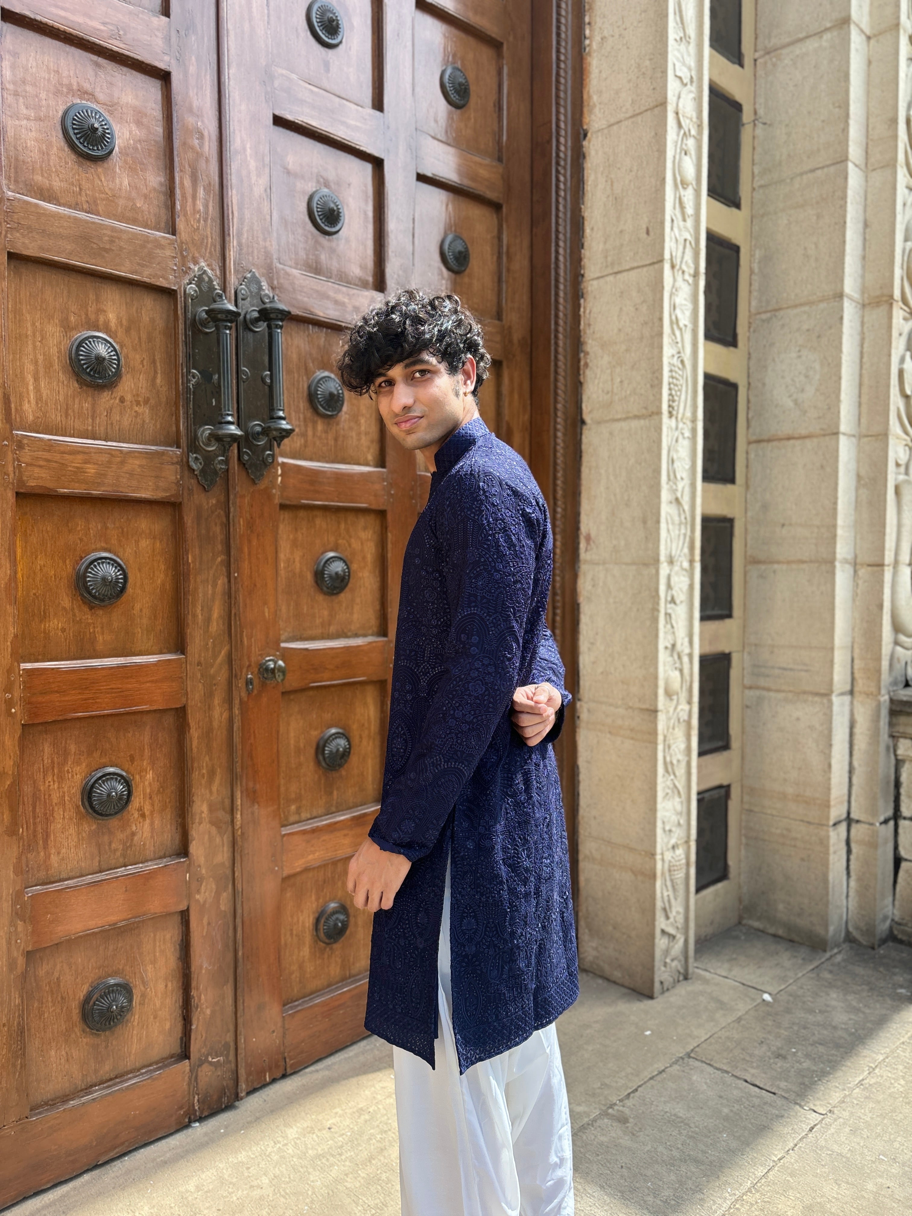 Navy Blue Pure Georgette Lucknowi Kurta Patiala Set