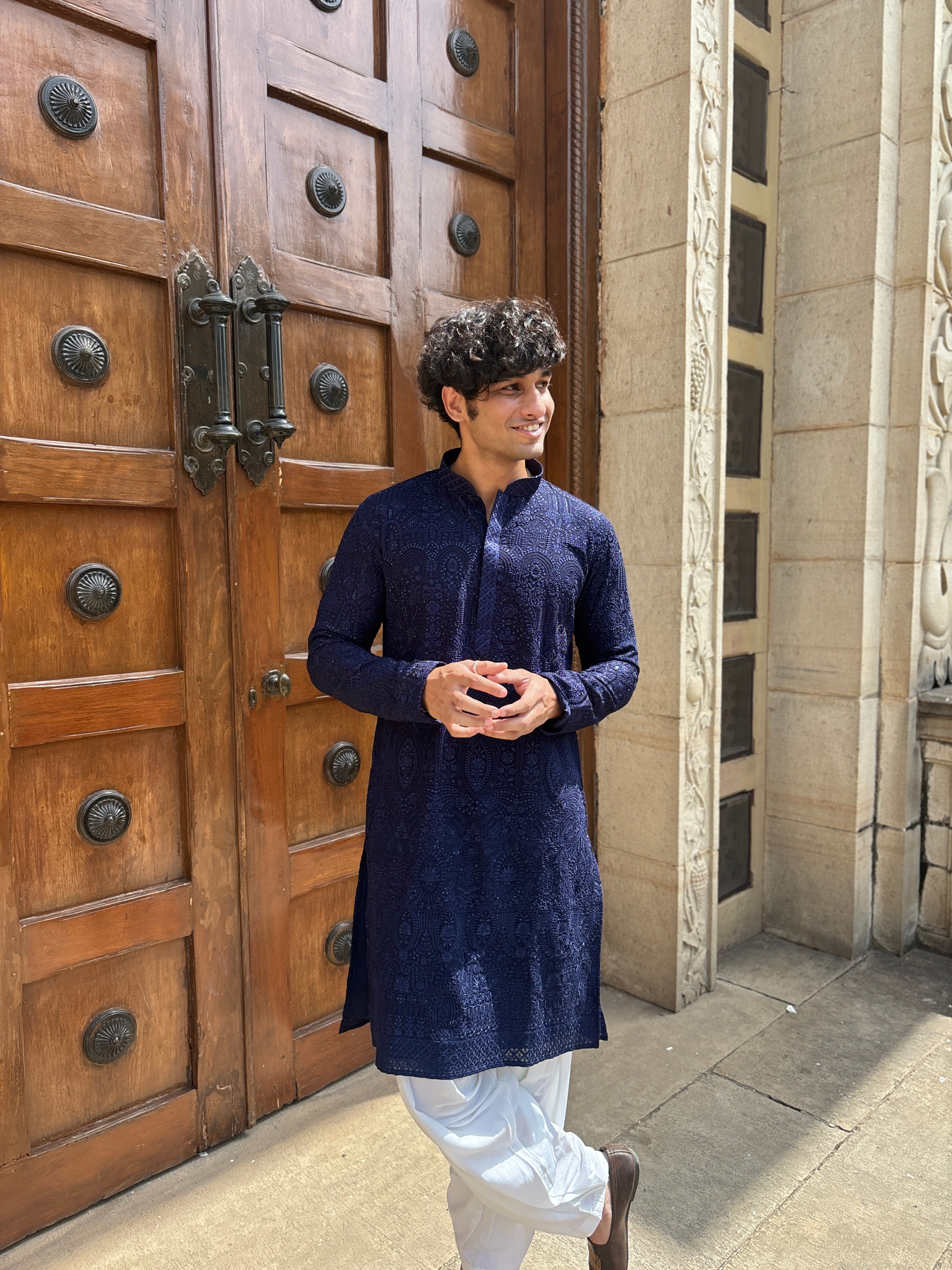 Navy Blue Pure Georgette Lucknowi Kurta Patiala Set