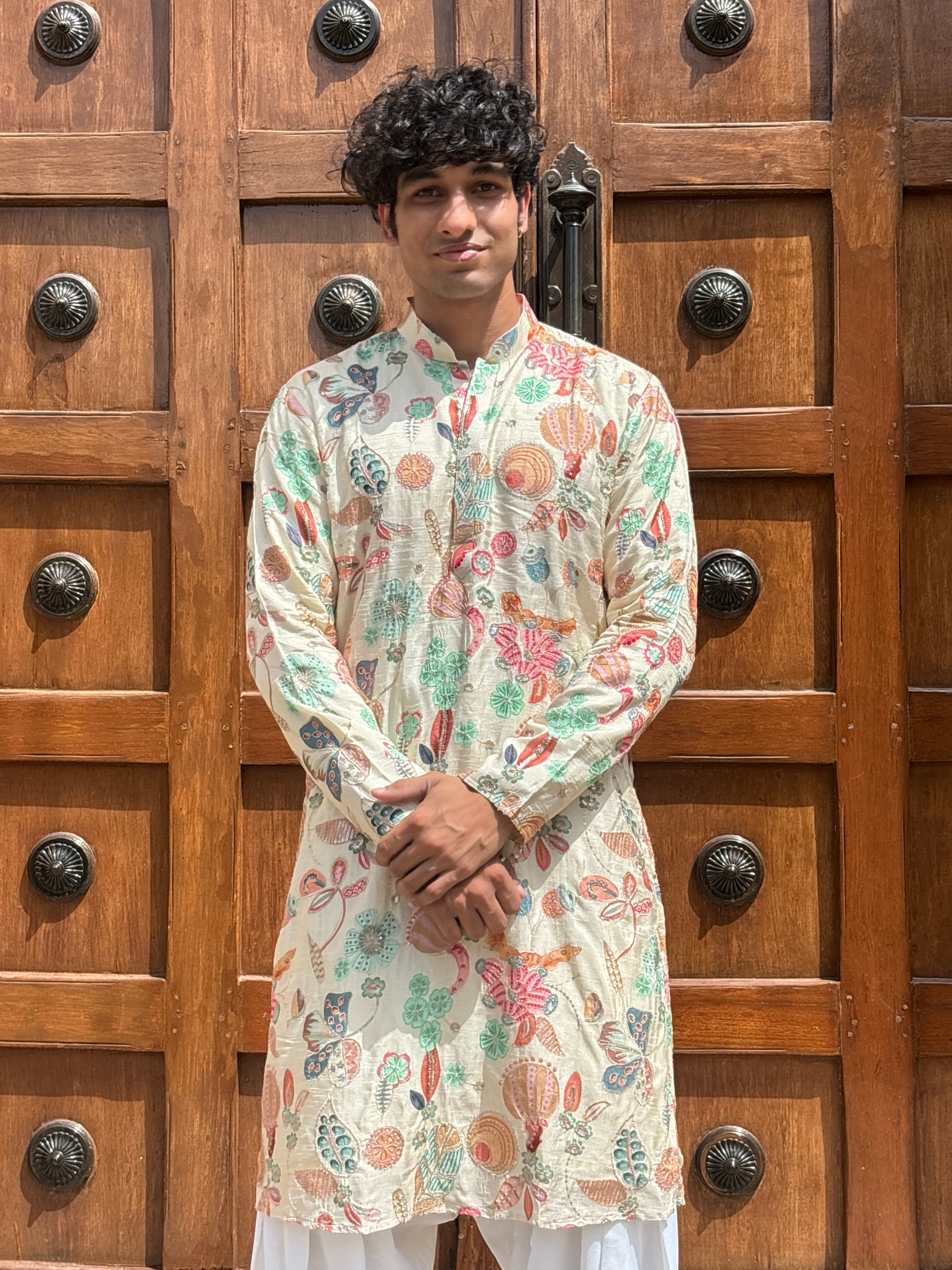 Cream Position Print with Embroidery Kurta Patiala Set