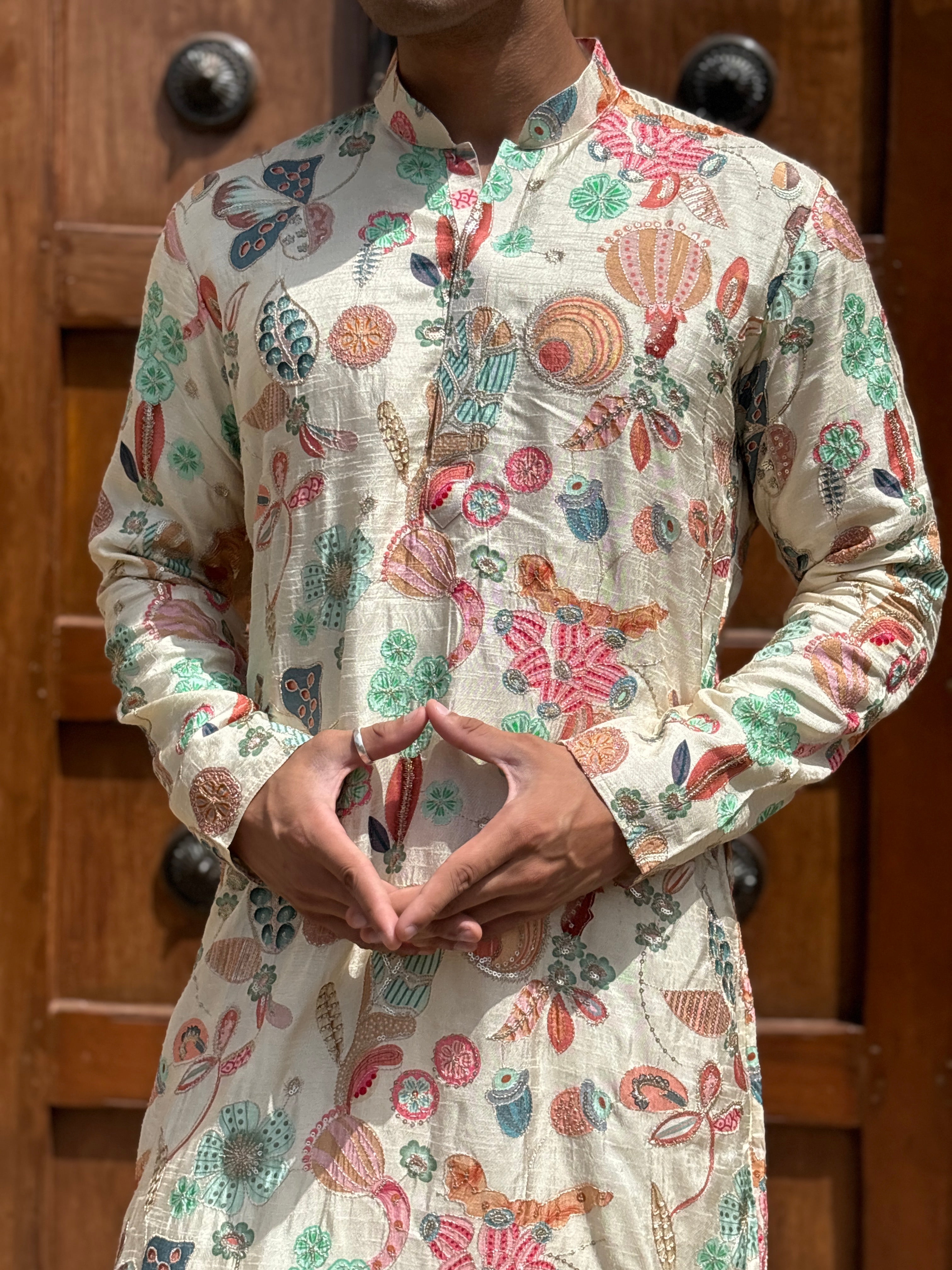 Cream Position Print with Embroidery Kurta Patiala Set