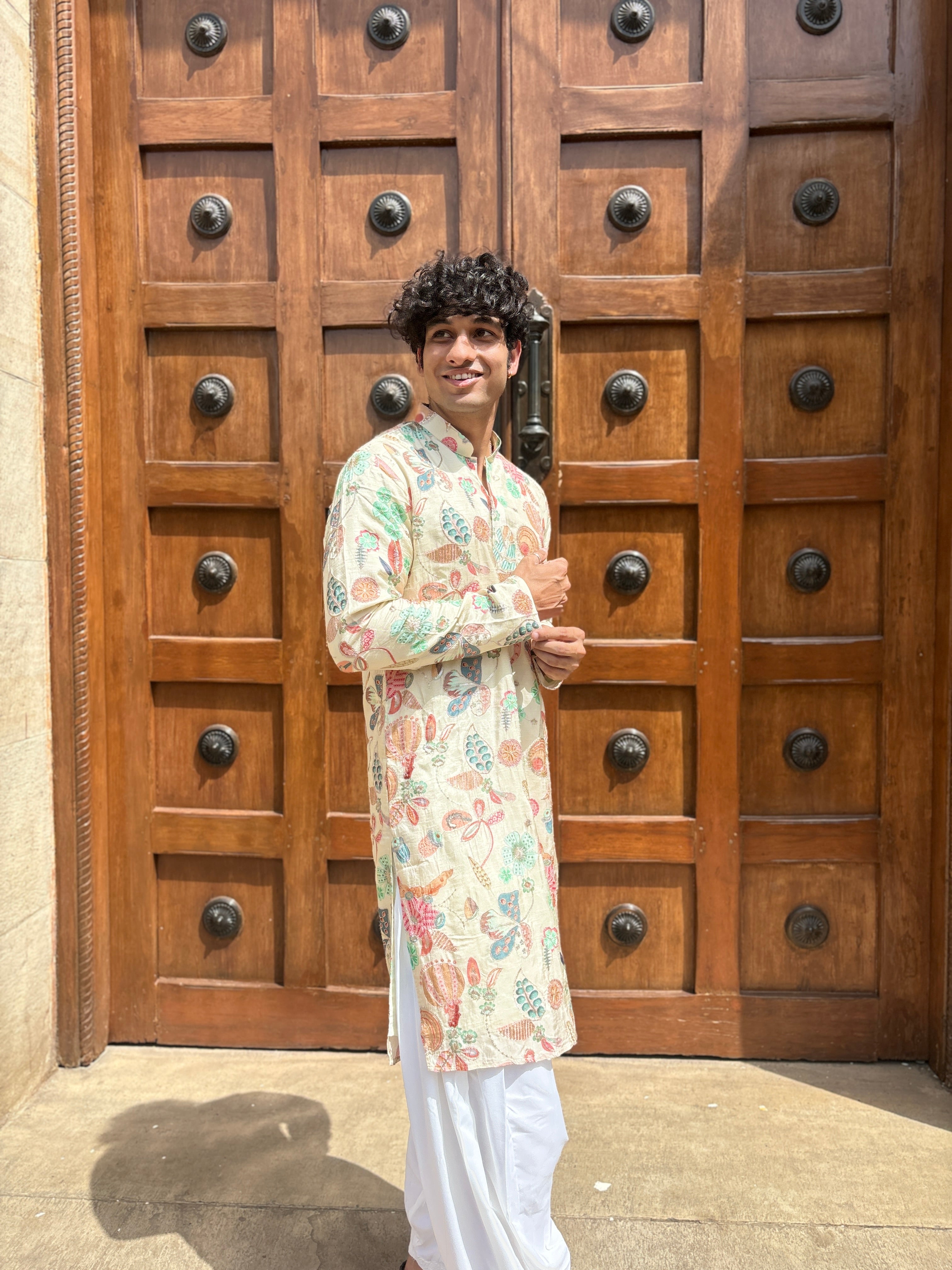 Cream Position Print with Embroidery Kurta Patiala Set