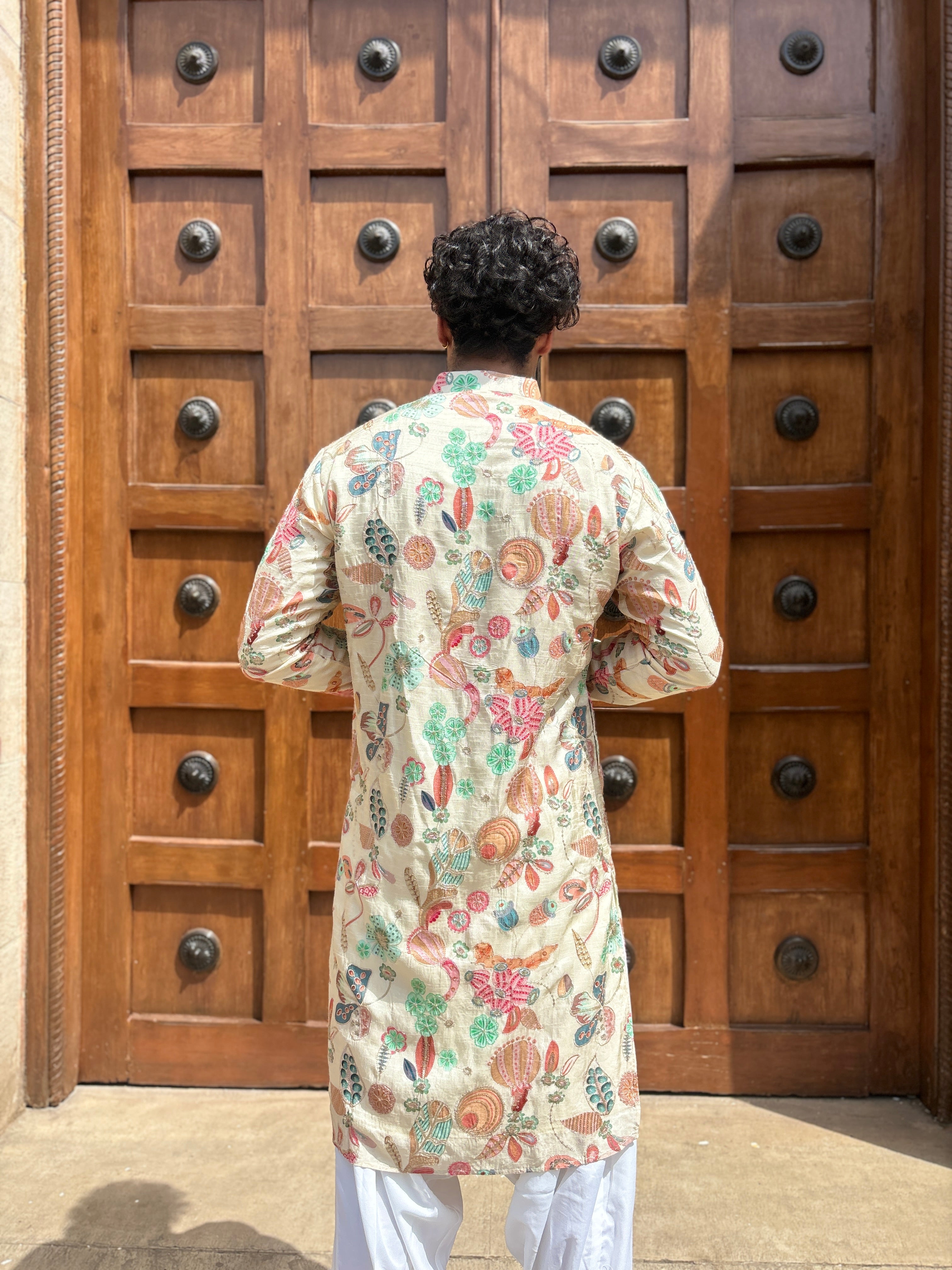 Cream Position Print with Embroidery Kurta Patiala Set