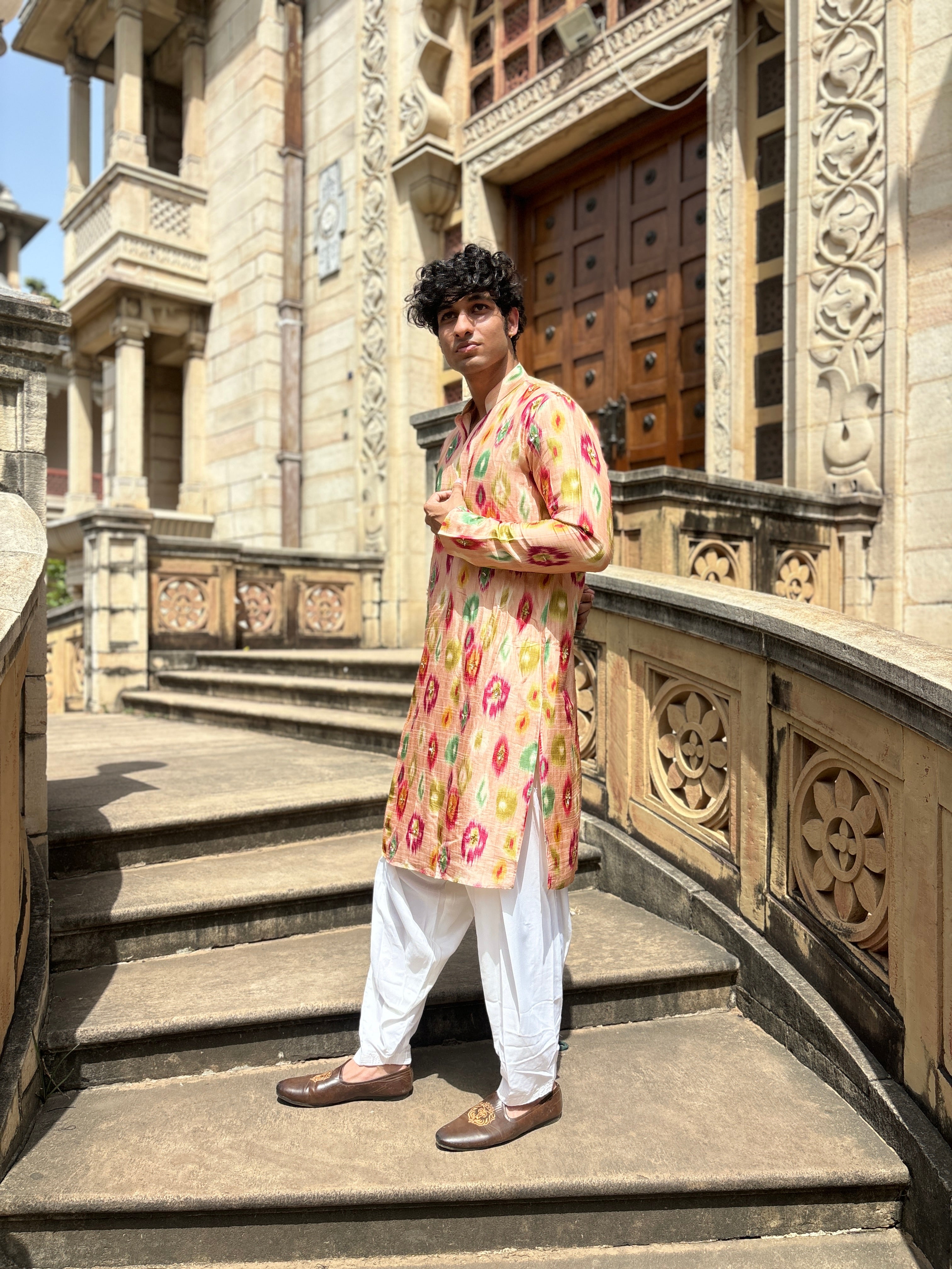 Ivory Print Kurta Set With Handwork touch up