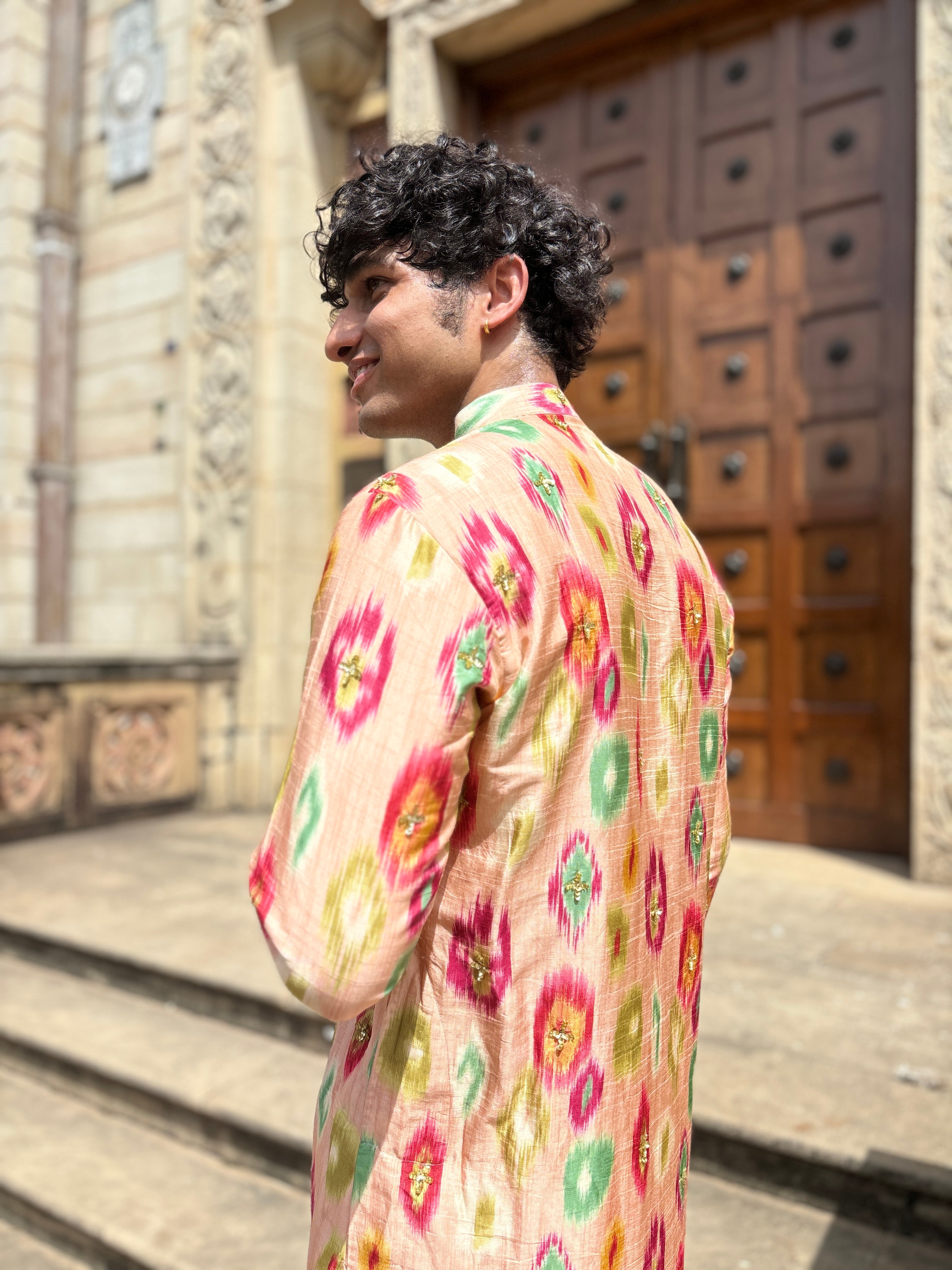 Ivory Print Kurta Set With Handwork touch up