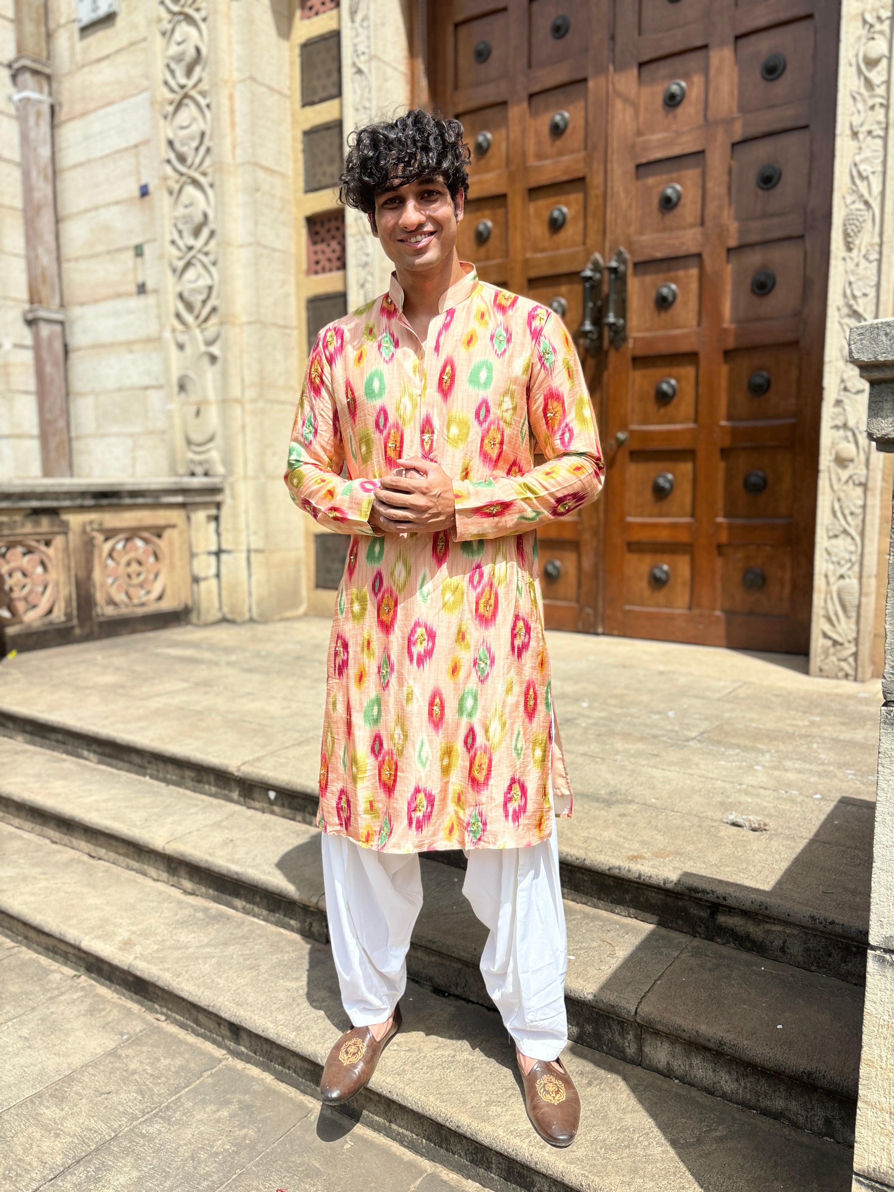 Ivory Print Kurta Set With Handwork touch up