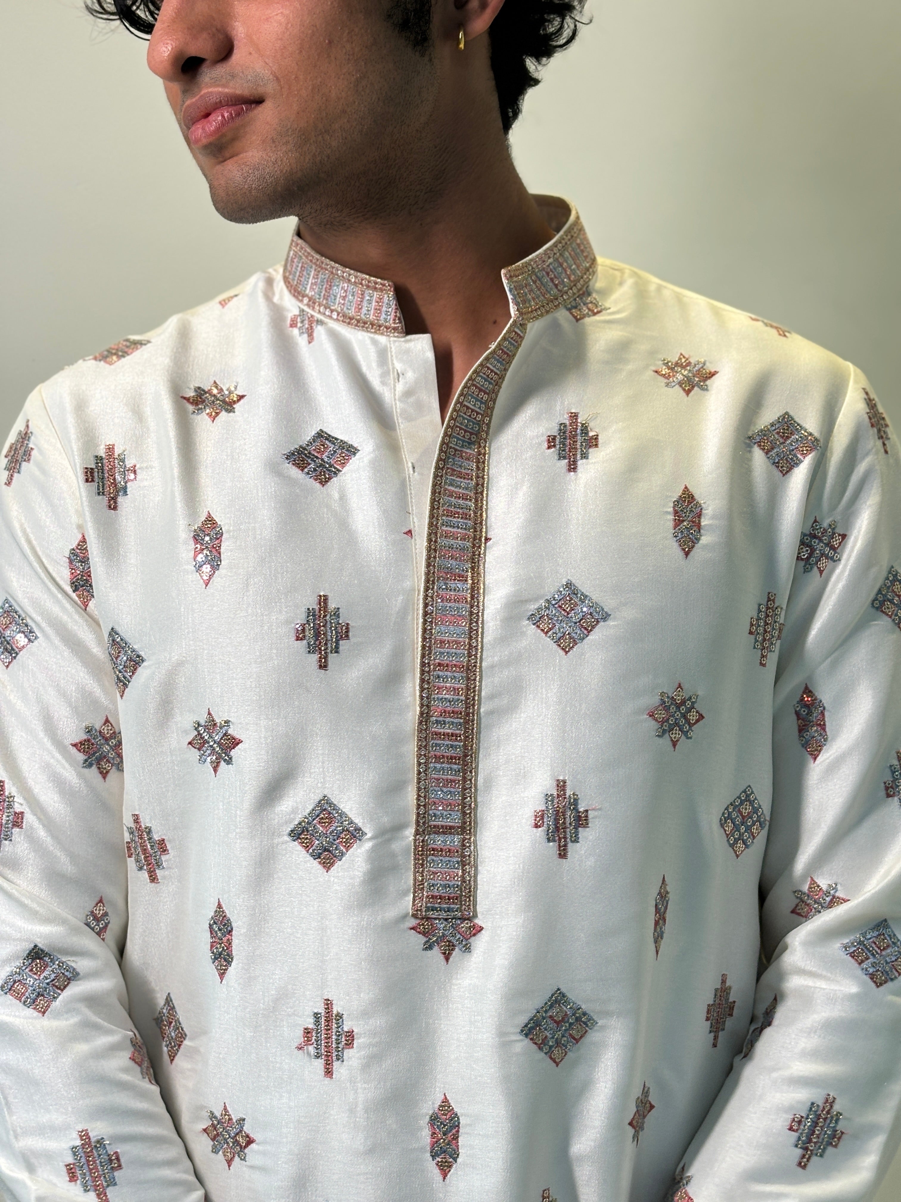 Cream Silk Embroidered Kurta Patiala Set