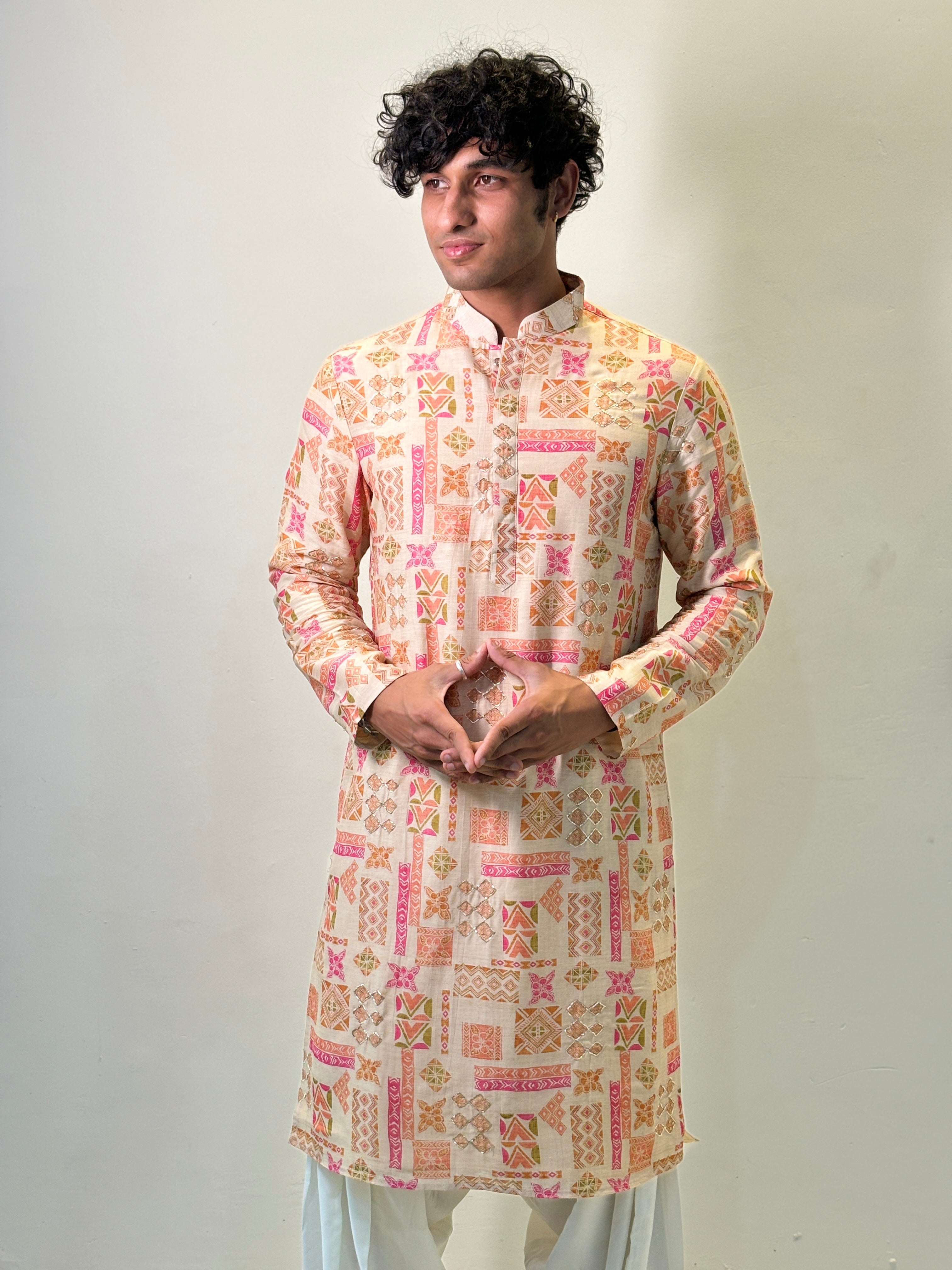 Cream Vintage Printed Kurta Patiala Set with Handwork touch up