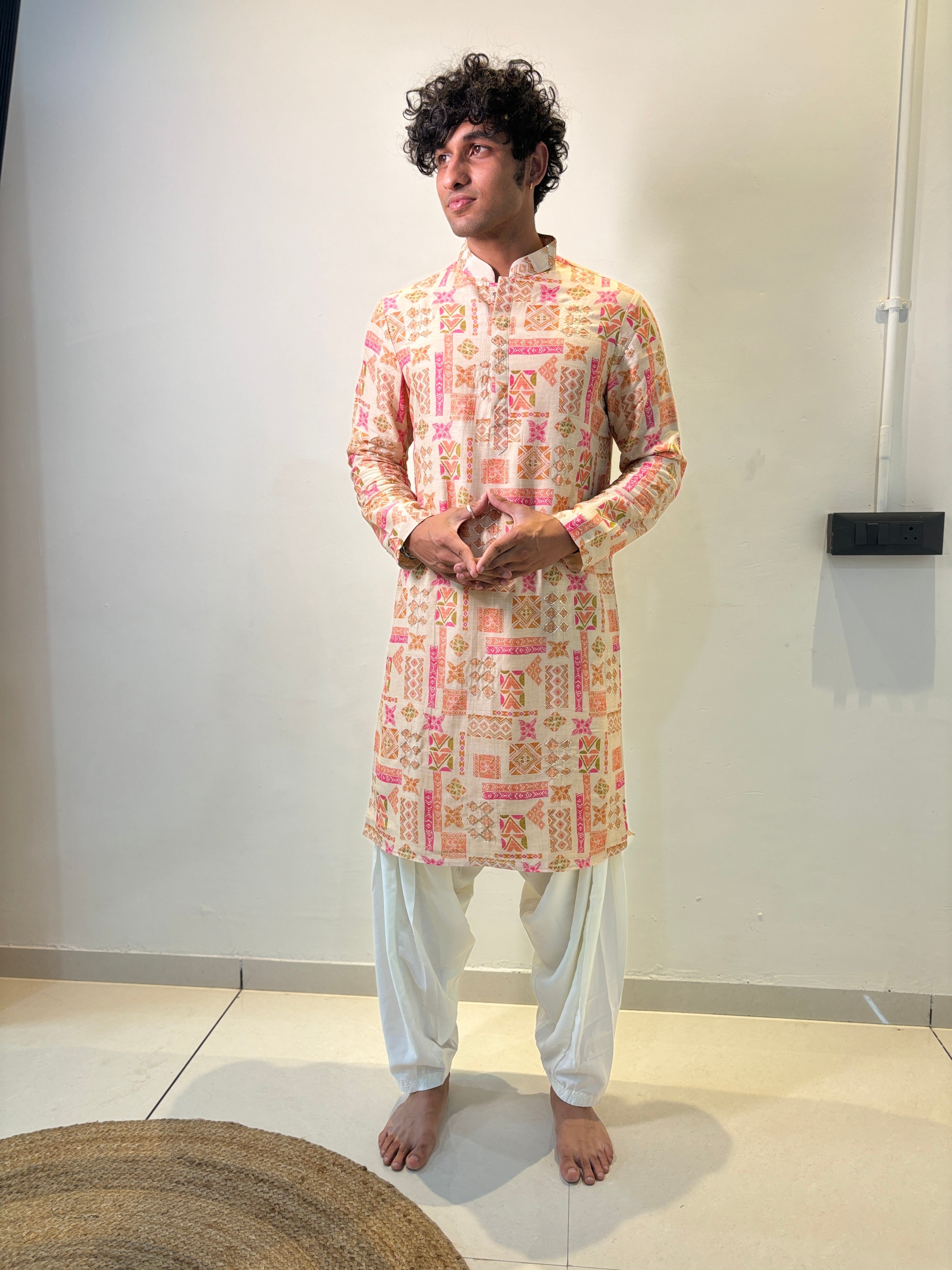 Cream Vintage Printed Kurta Patiala Set with Handwork touch up