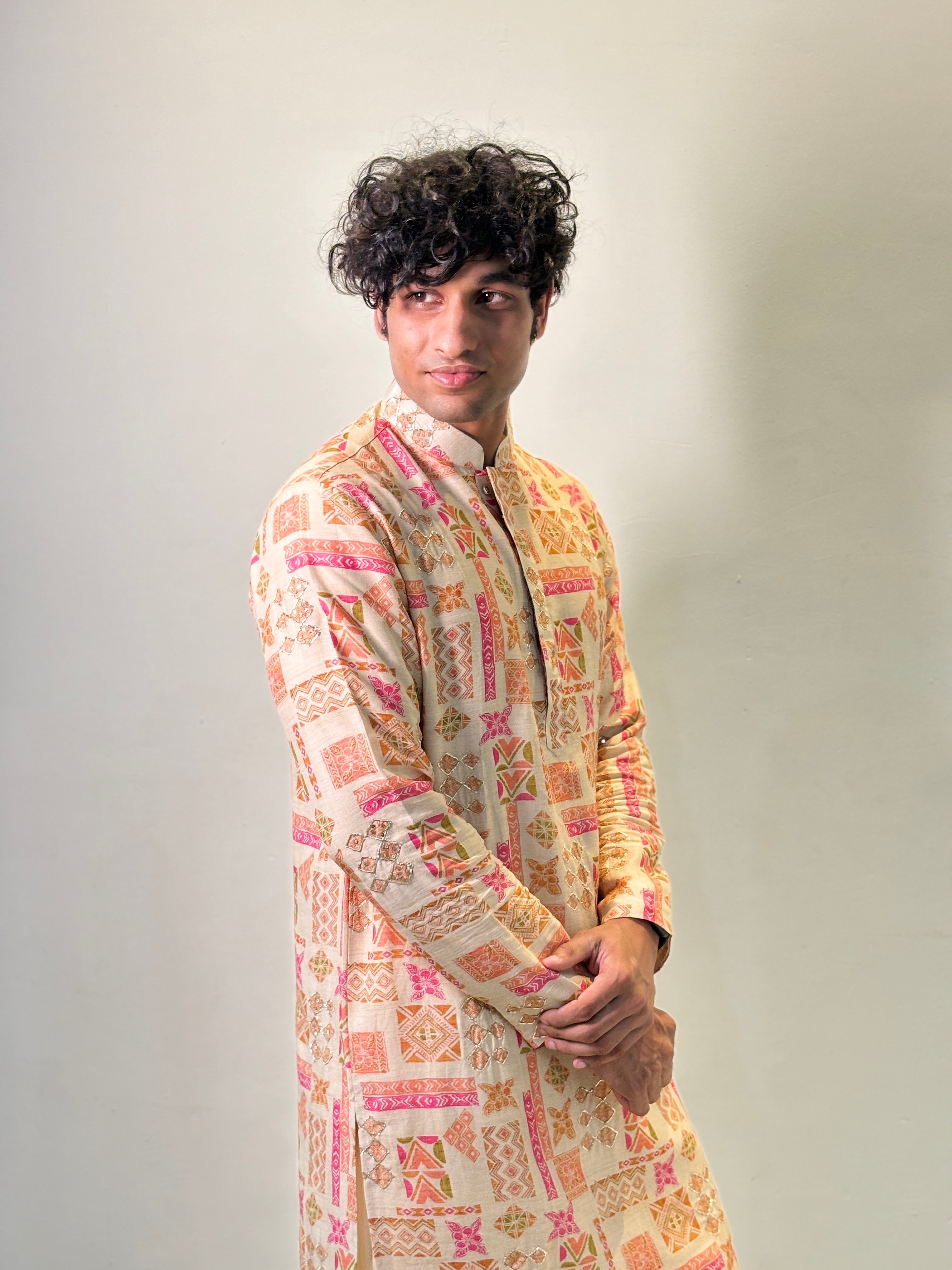 Cream Vintage Printed Kurta Patiala Set with Handwork touch up